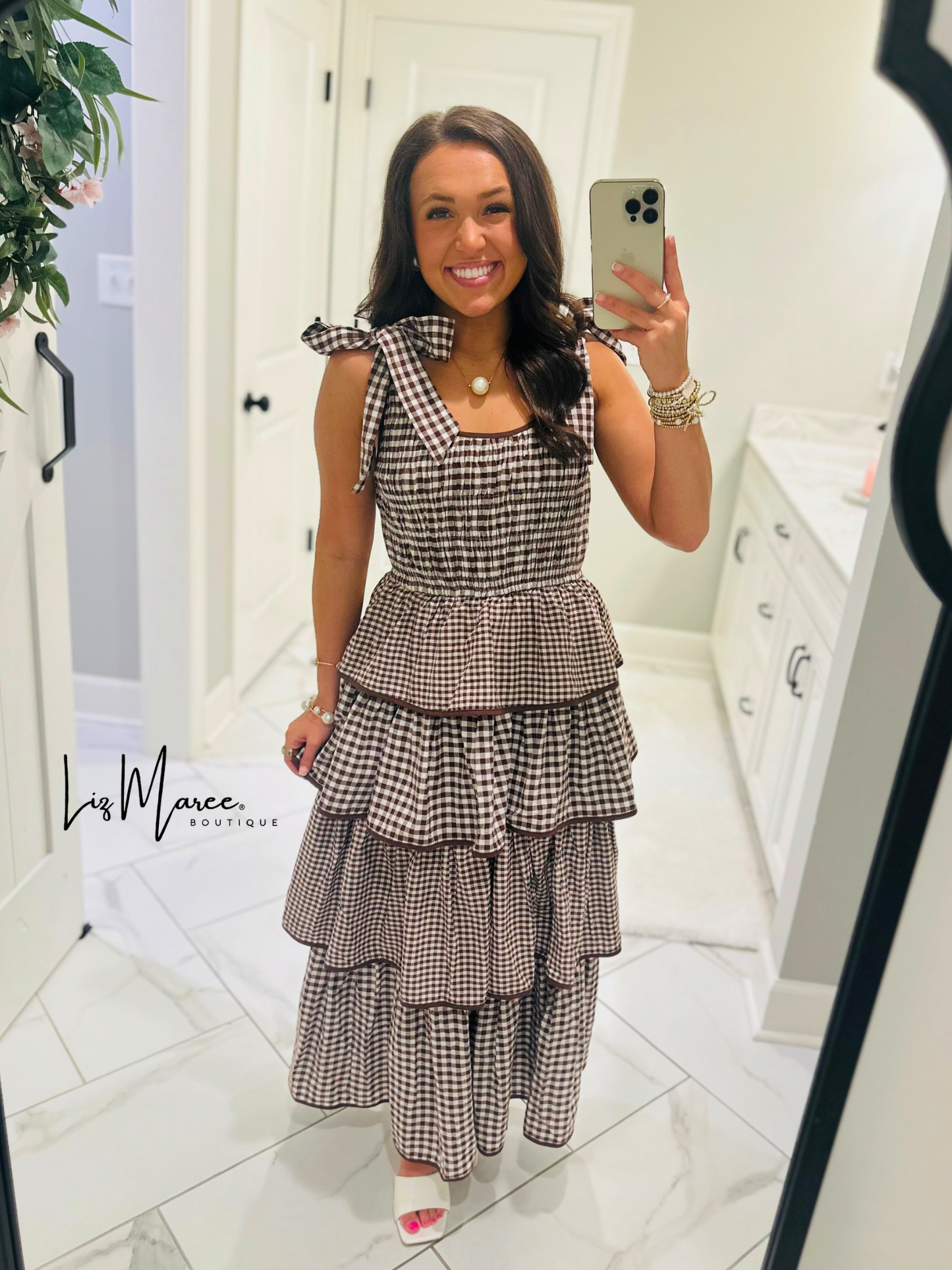 The Kacie Brown Gingham Tiered Ruffle Midi Dress