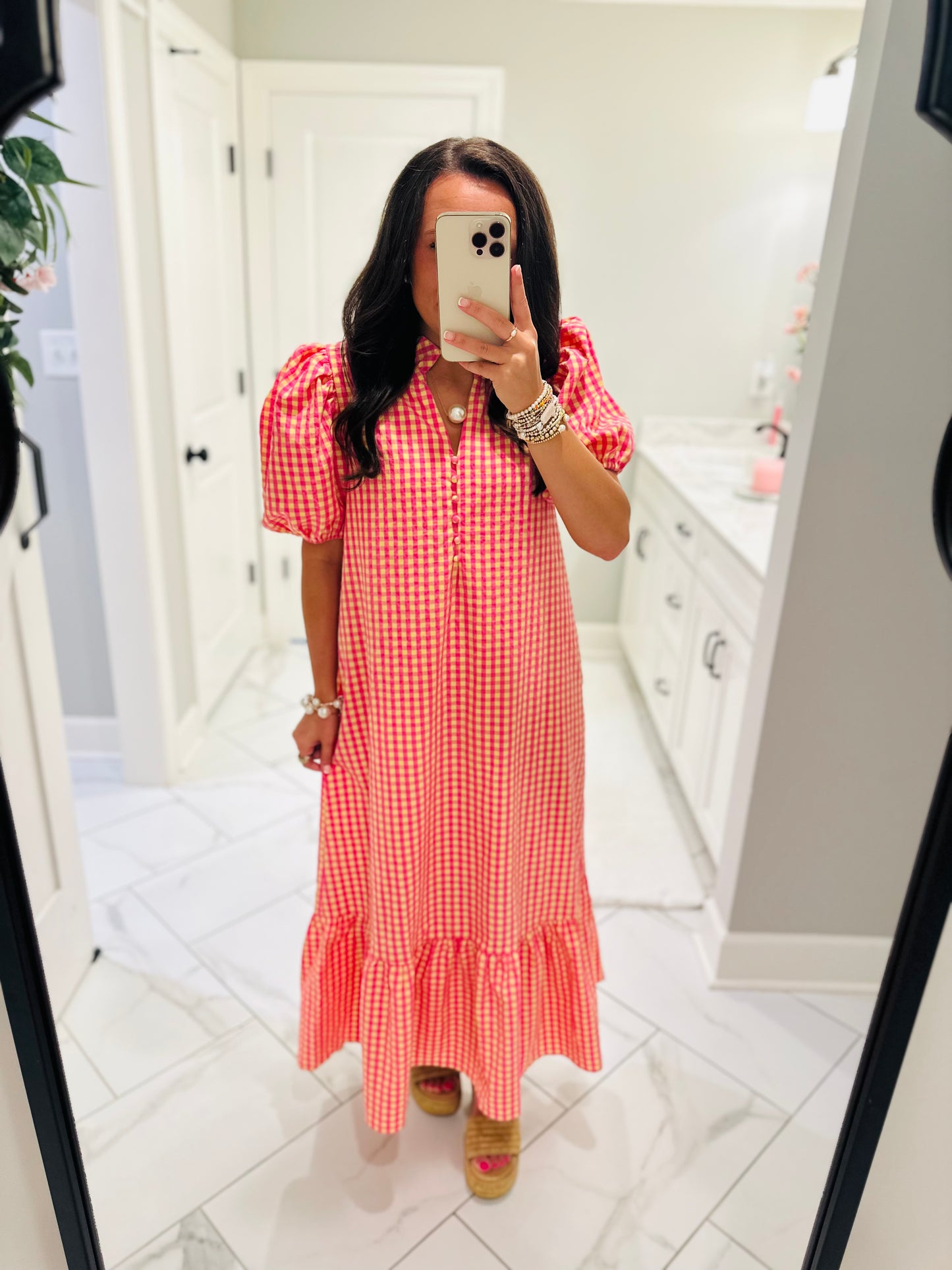 The Emilee Pink + Yellow Gingham Midi Dress