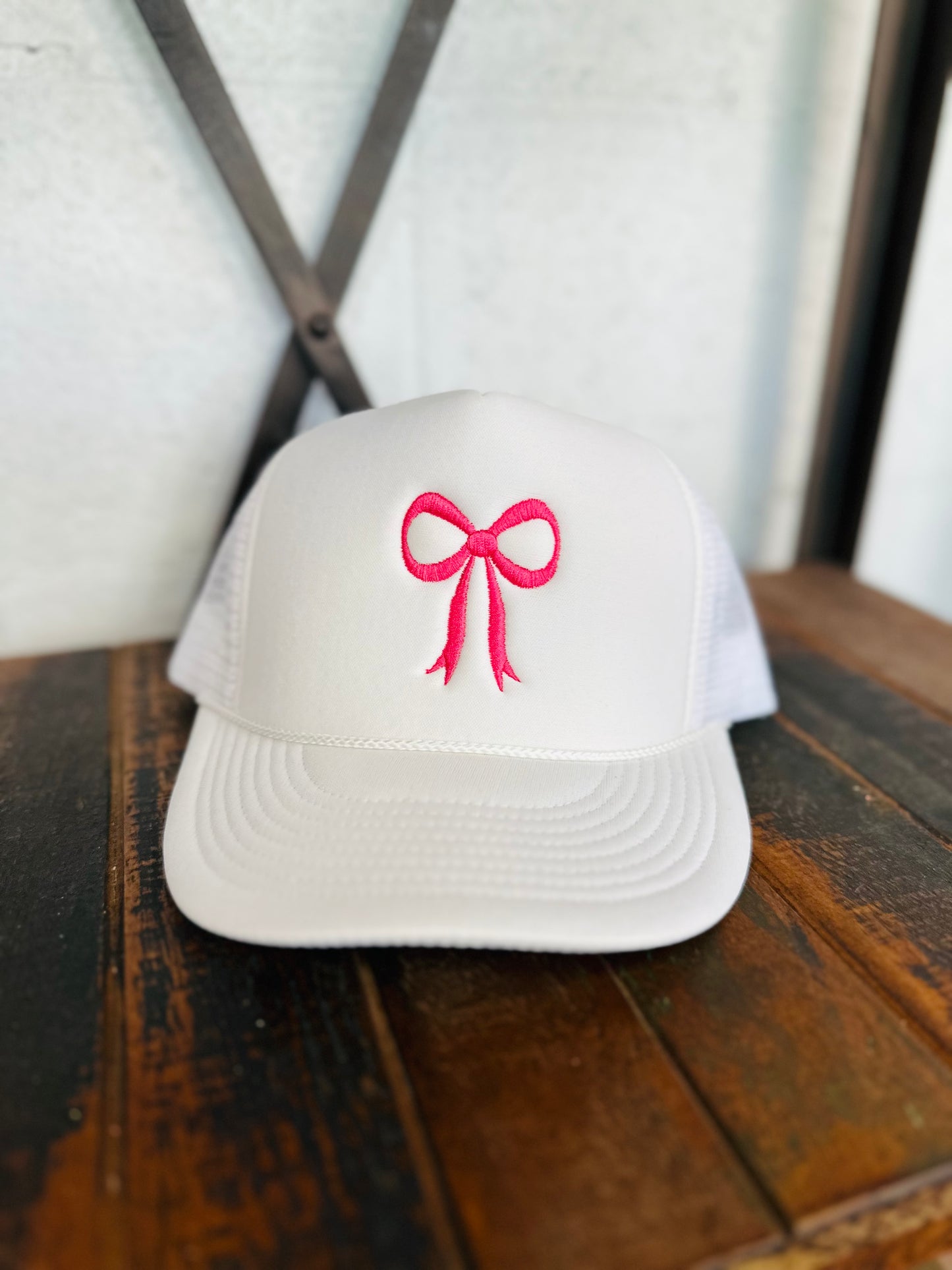 White Coquette Embroidery Bow Trucker Hat