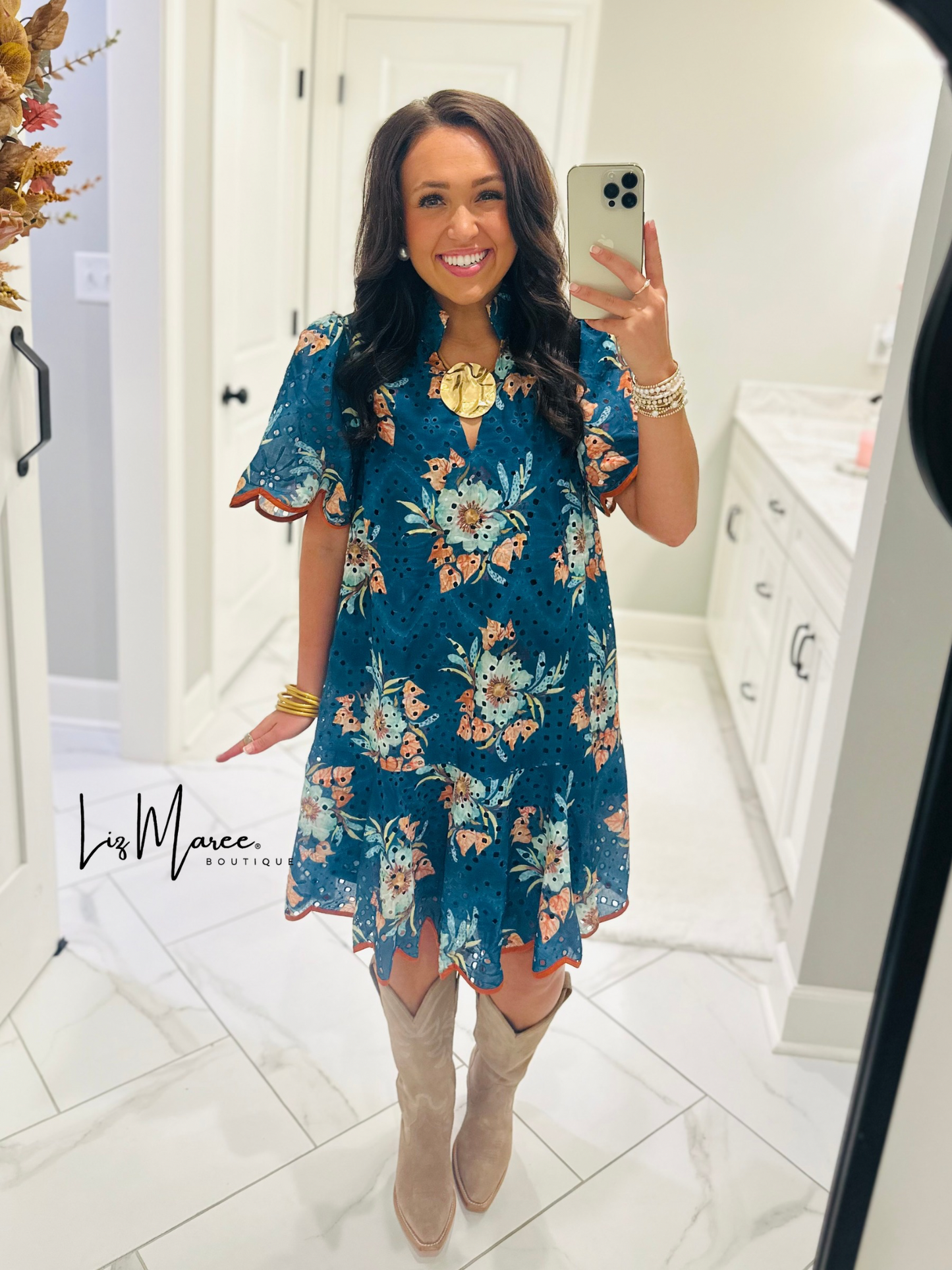 The Brinley Teal Green Floral Eyelet Scallop Dress