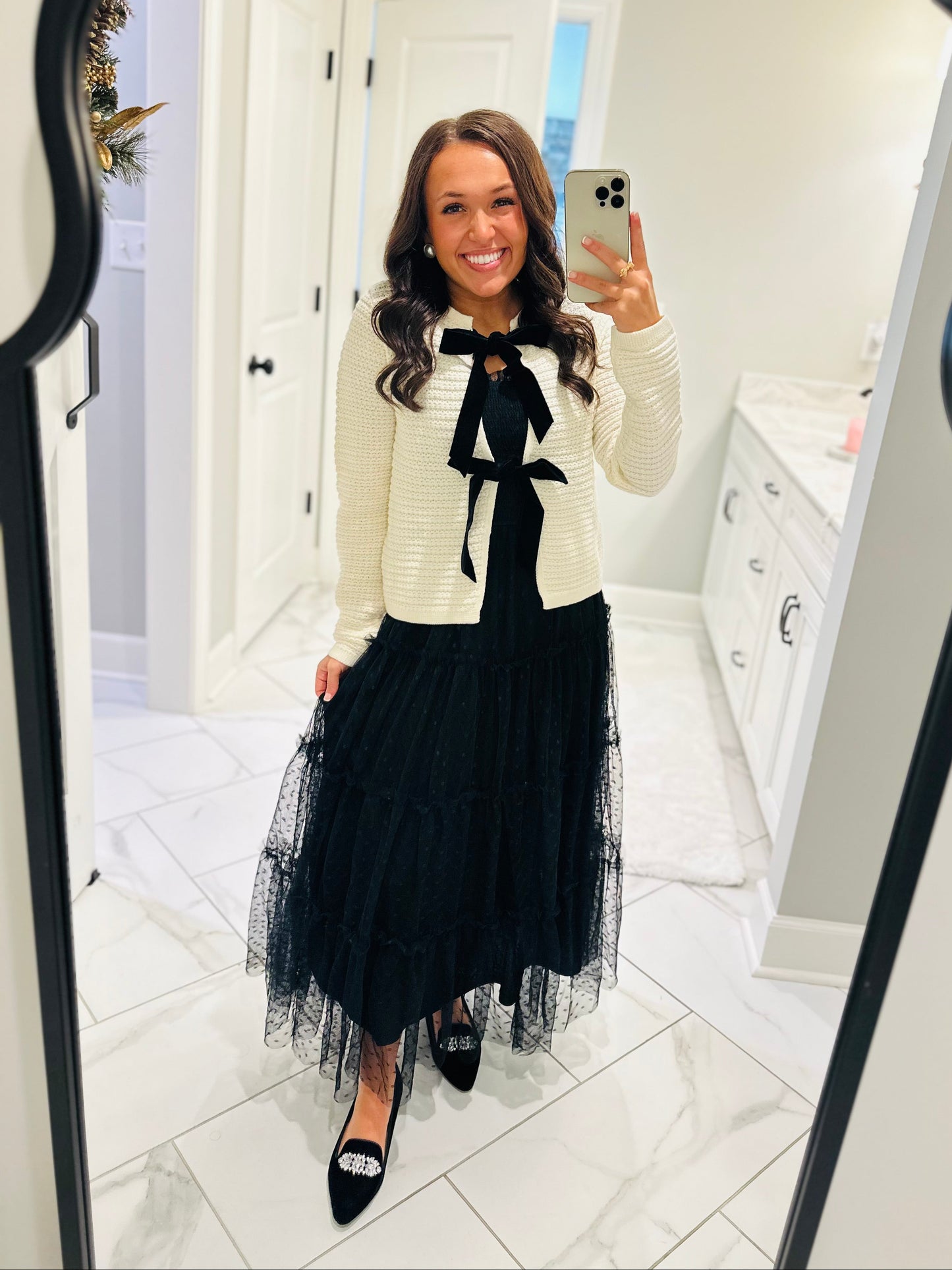 The Noelle Black Polka Dot Chiffon Smocked Midi Dress