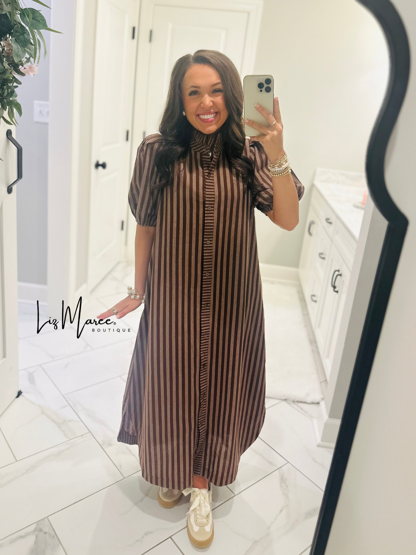 The Quinn Brown Striped Midi Dress