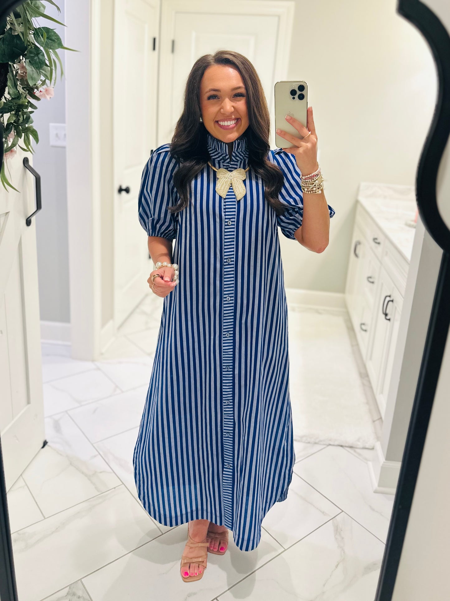 The Quinn Navy Blue Striped Midi Dress