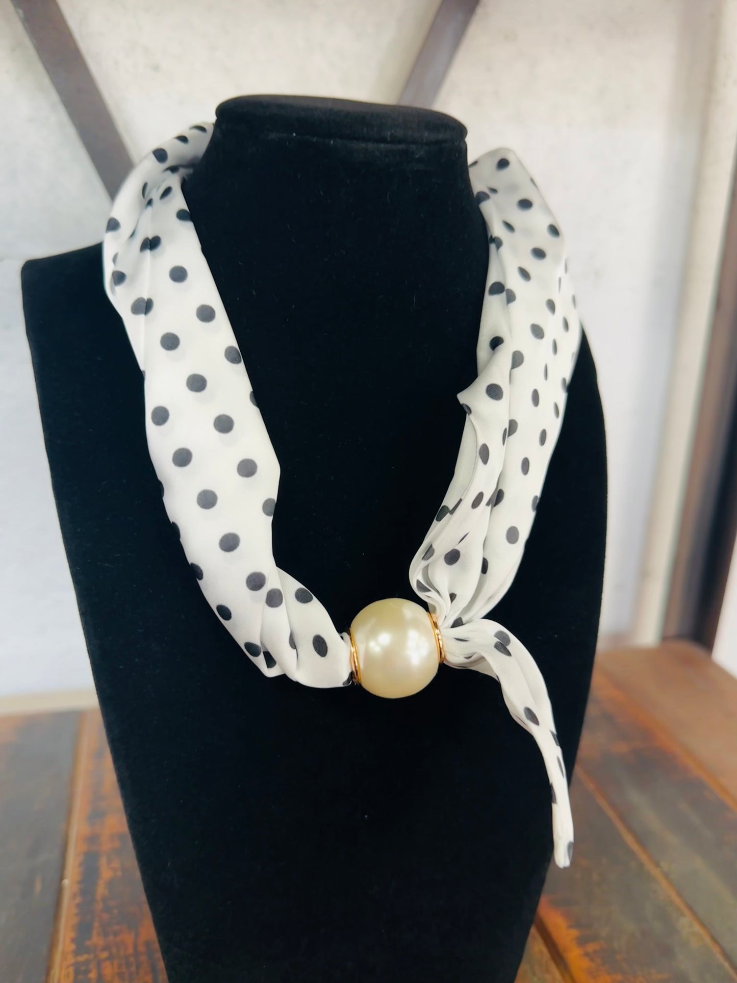 White + Black Polkadot Pearl Scarf Necklace
