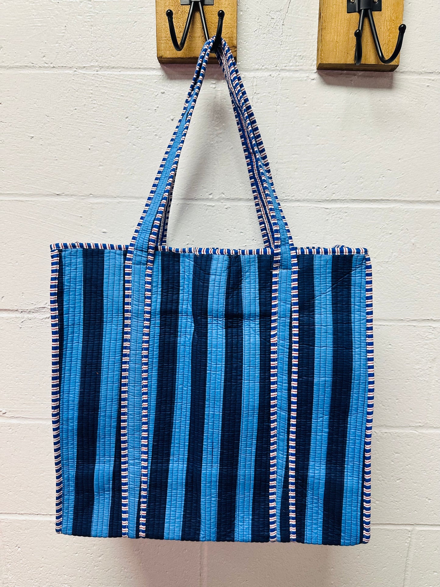 The Navy + Light Blue Striped Quilted Tote Bag