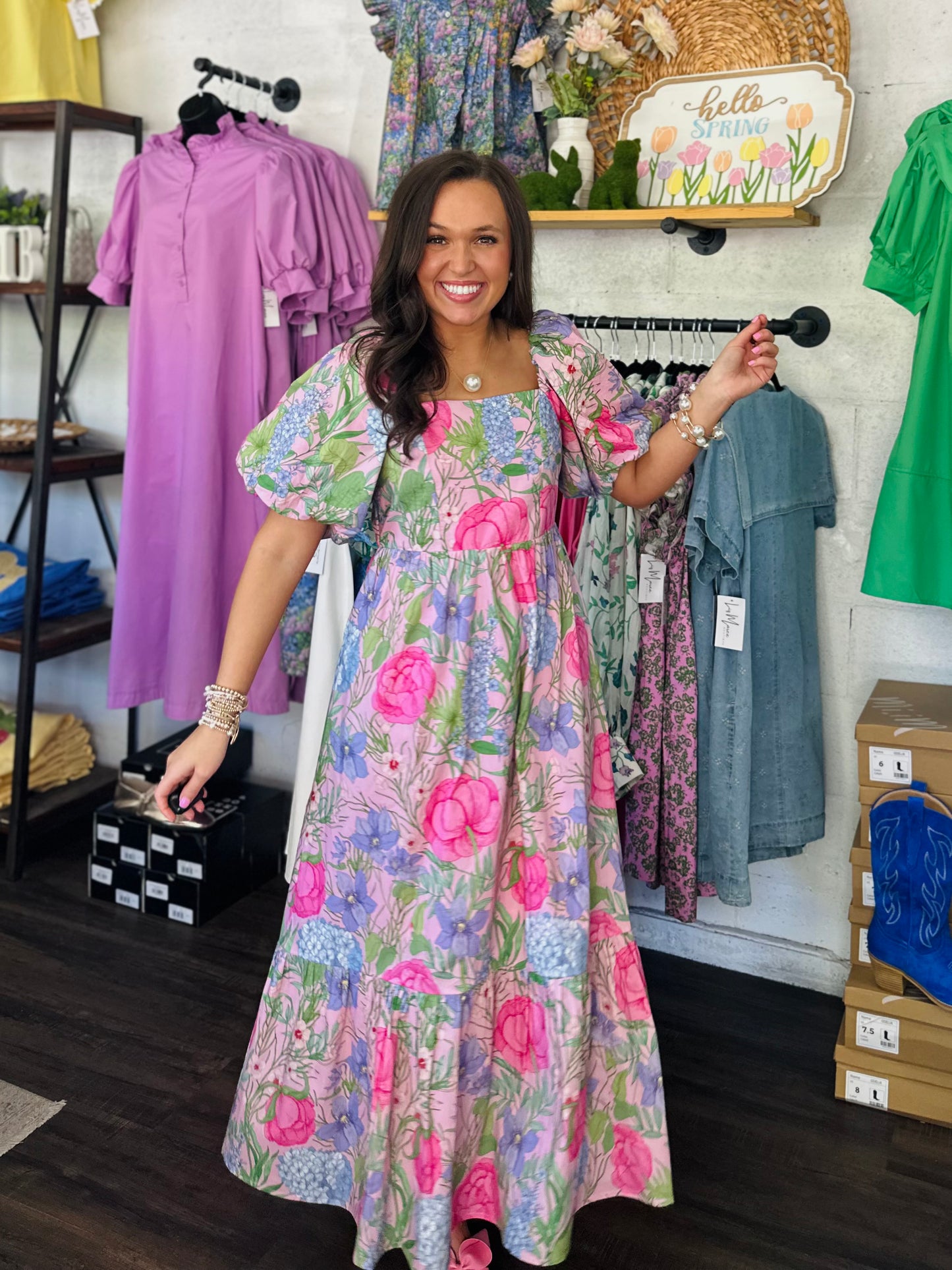 The Danyale Pink Floral Bow Midi Dress