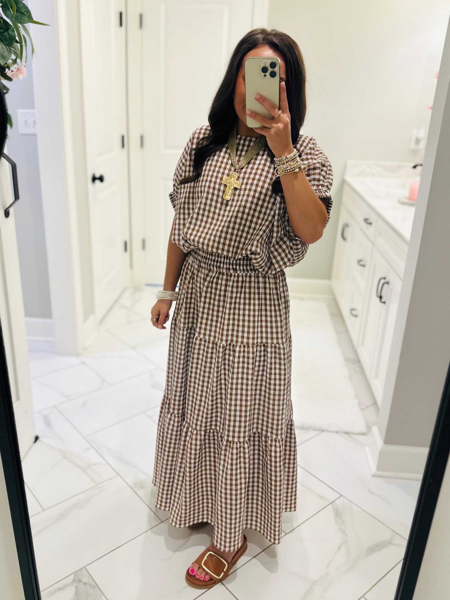 The Kinsley Brown Gingham Top + Skirt Set