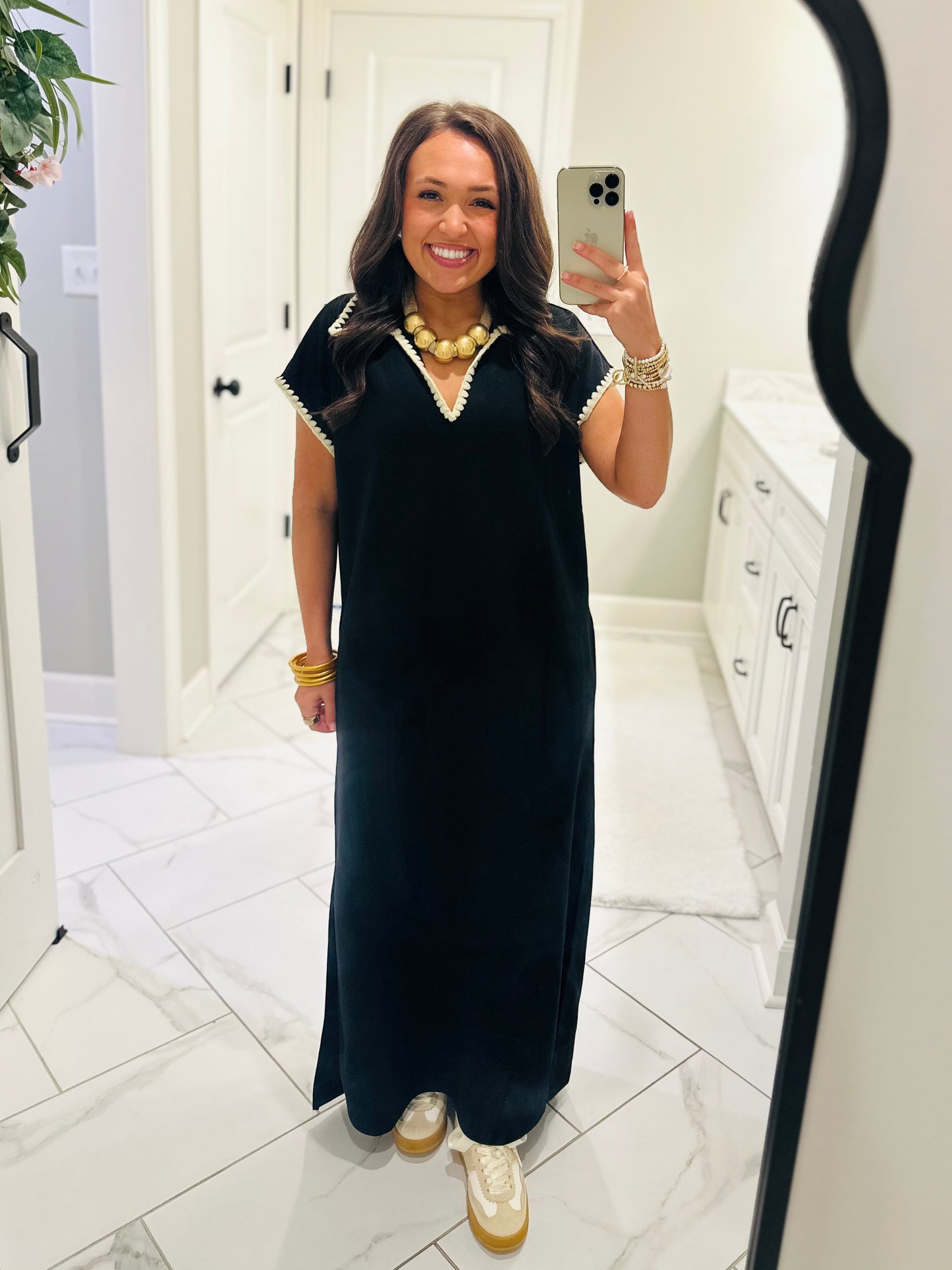 The Sarah Black Collared Stitch Midi Dress