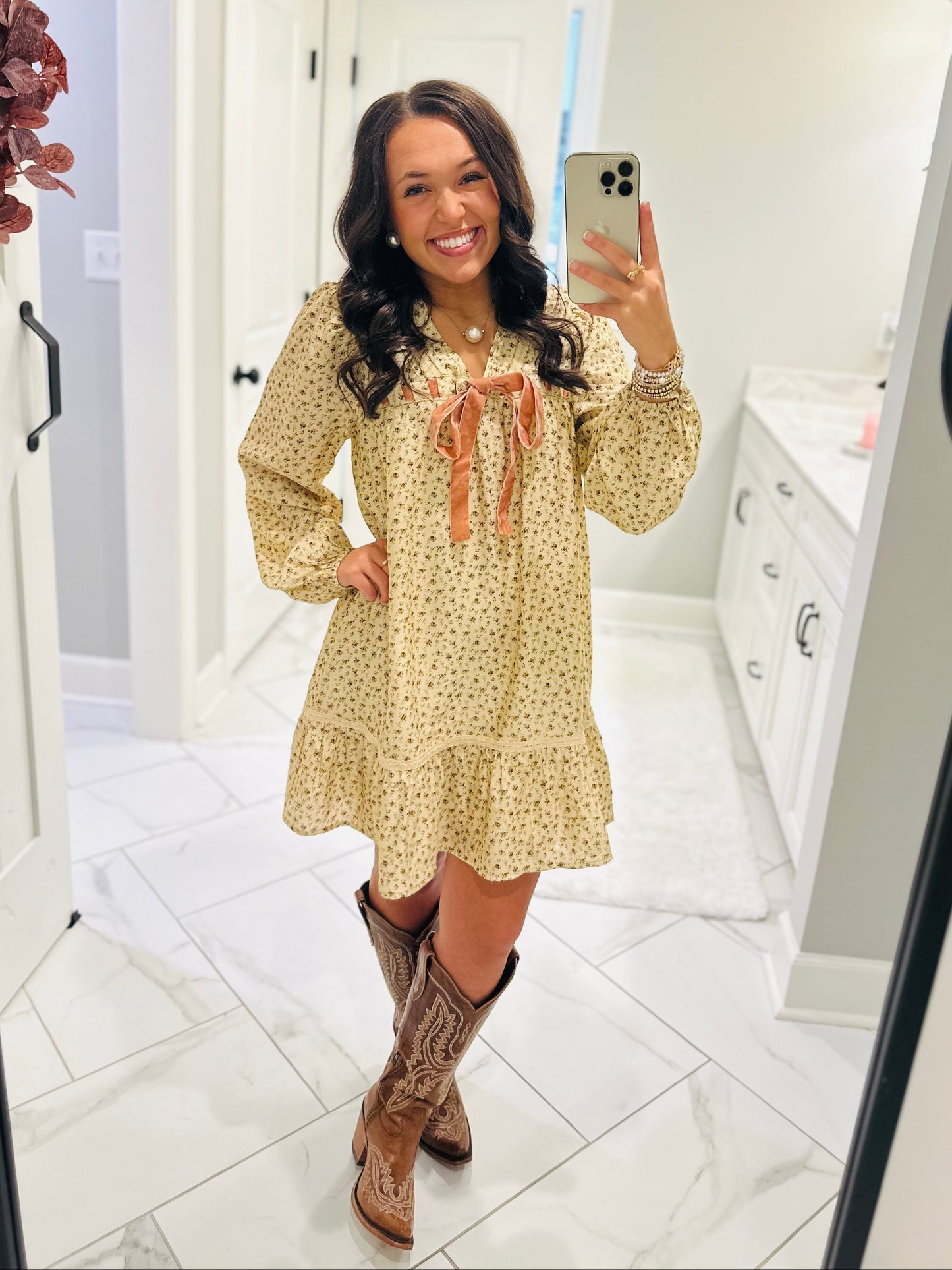 The Rhea Cream Floral Long Sleeve Bow Detail Dress