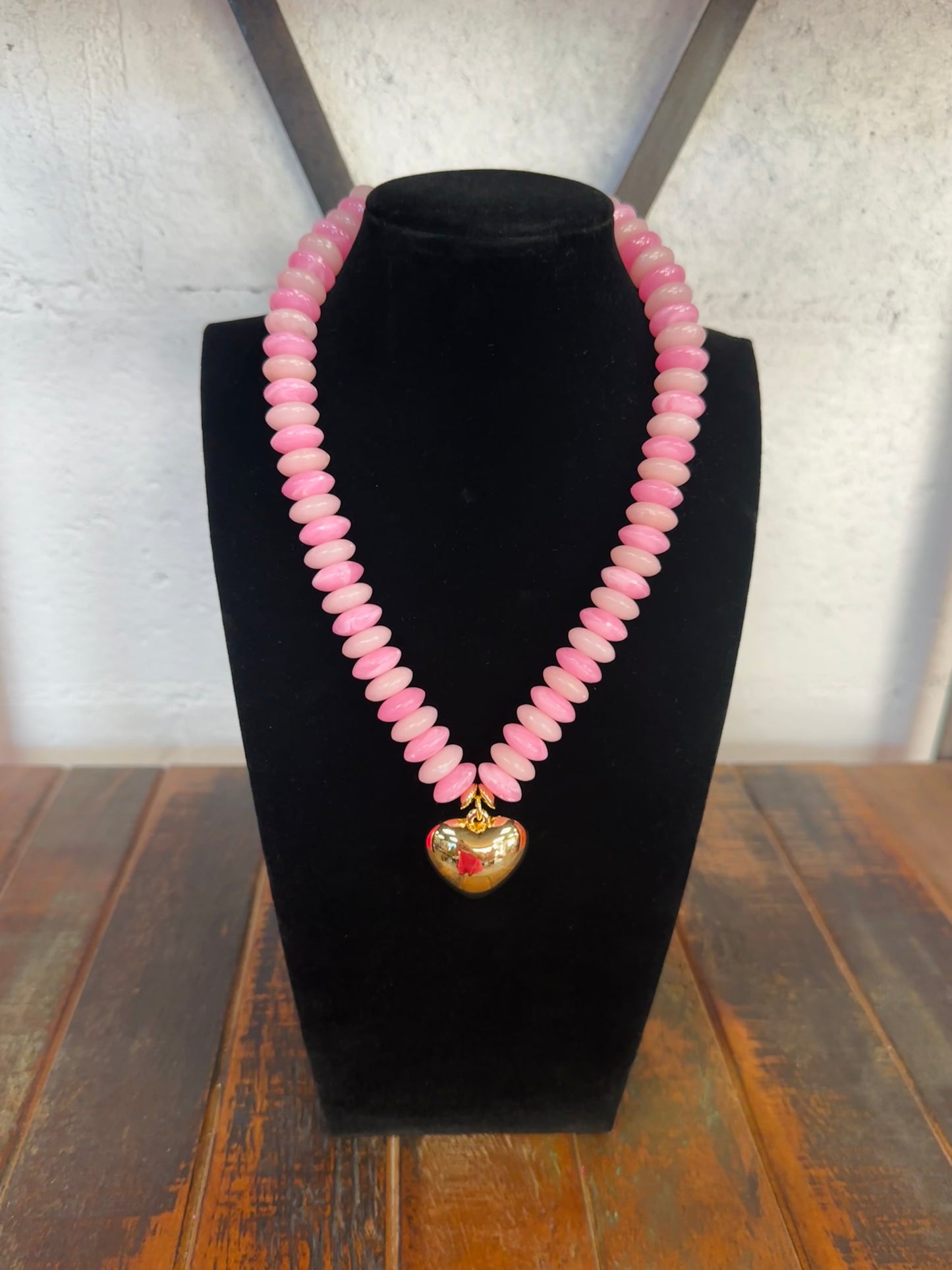 Pink + Gold Wide Bead Puffy Heart Necklace