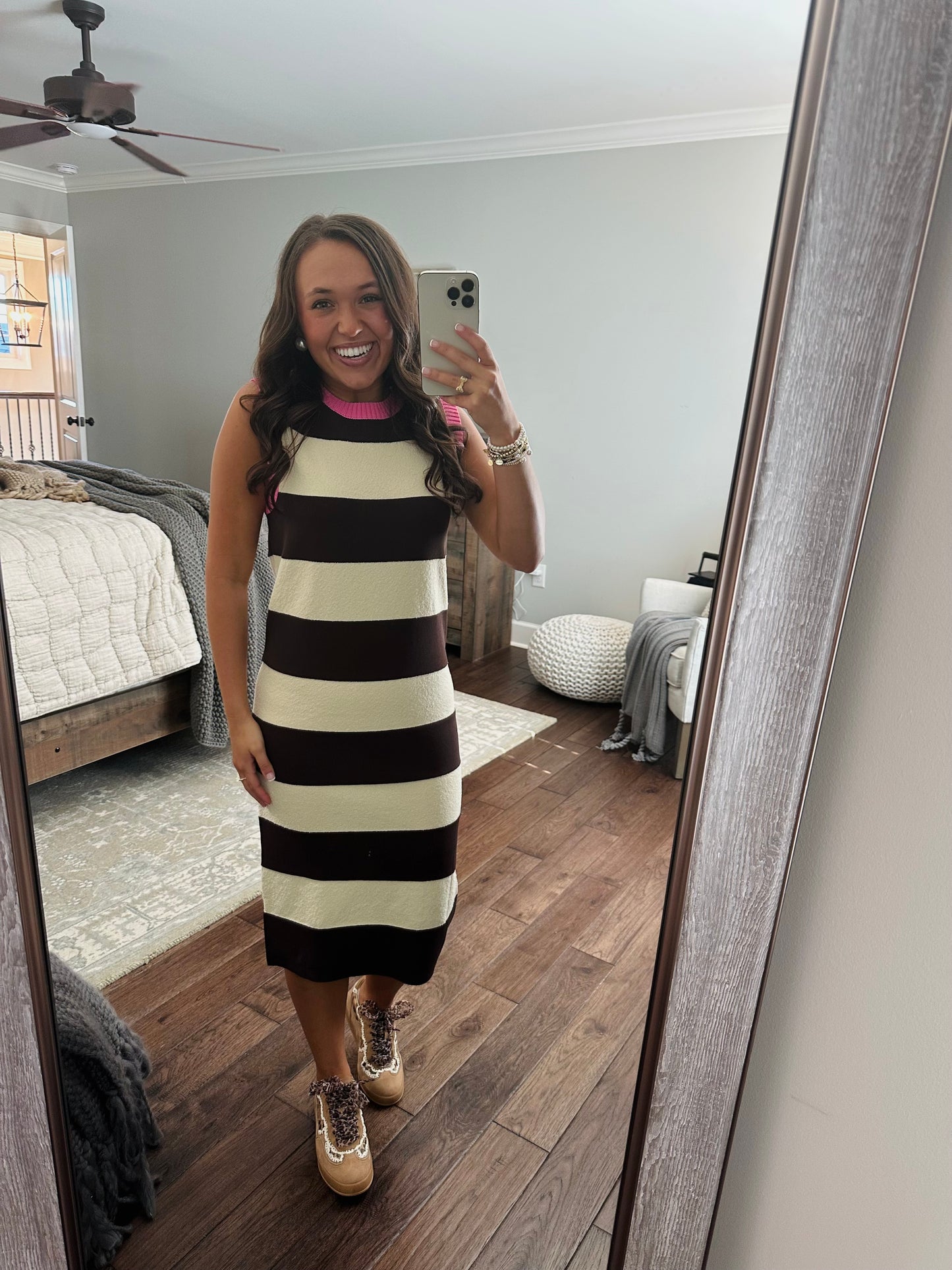 The Everlee Pink + Cream Striped Knit Midi Dress