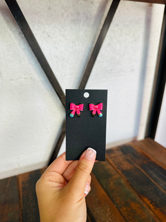 Hot Pink Bow Shaped Pencil Stud Earring