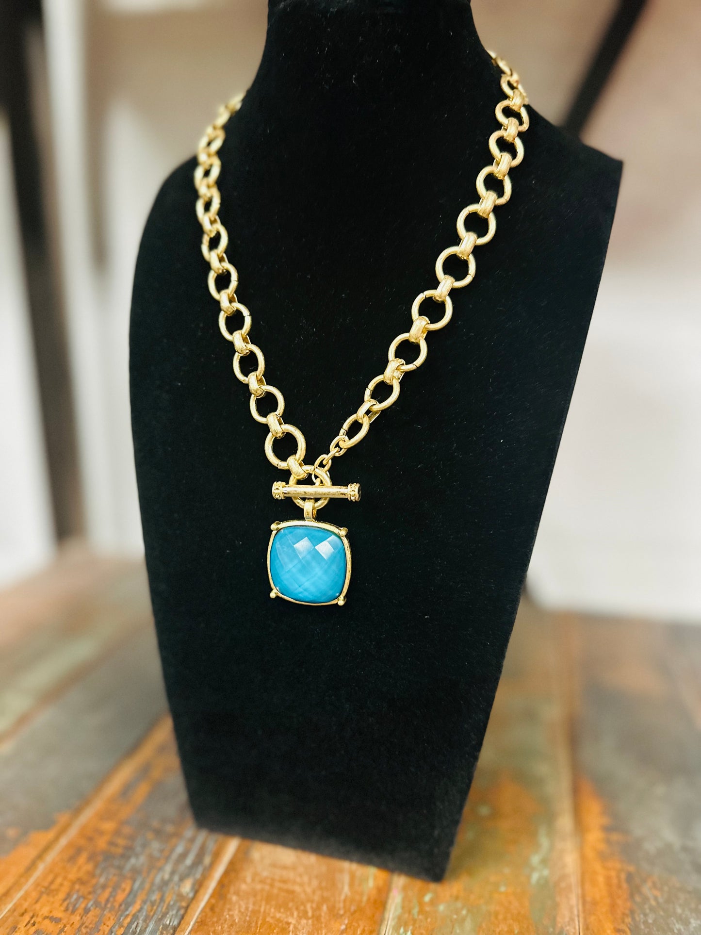 Teal Square Stone Pendant Necklace