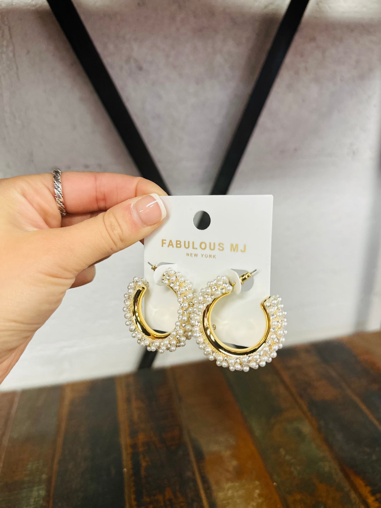 Gold + Cream Pearl Rhinestone Hoop Earring