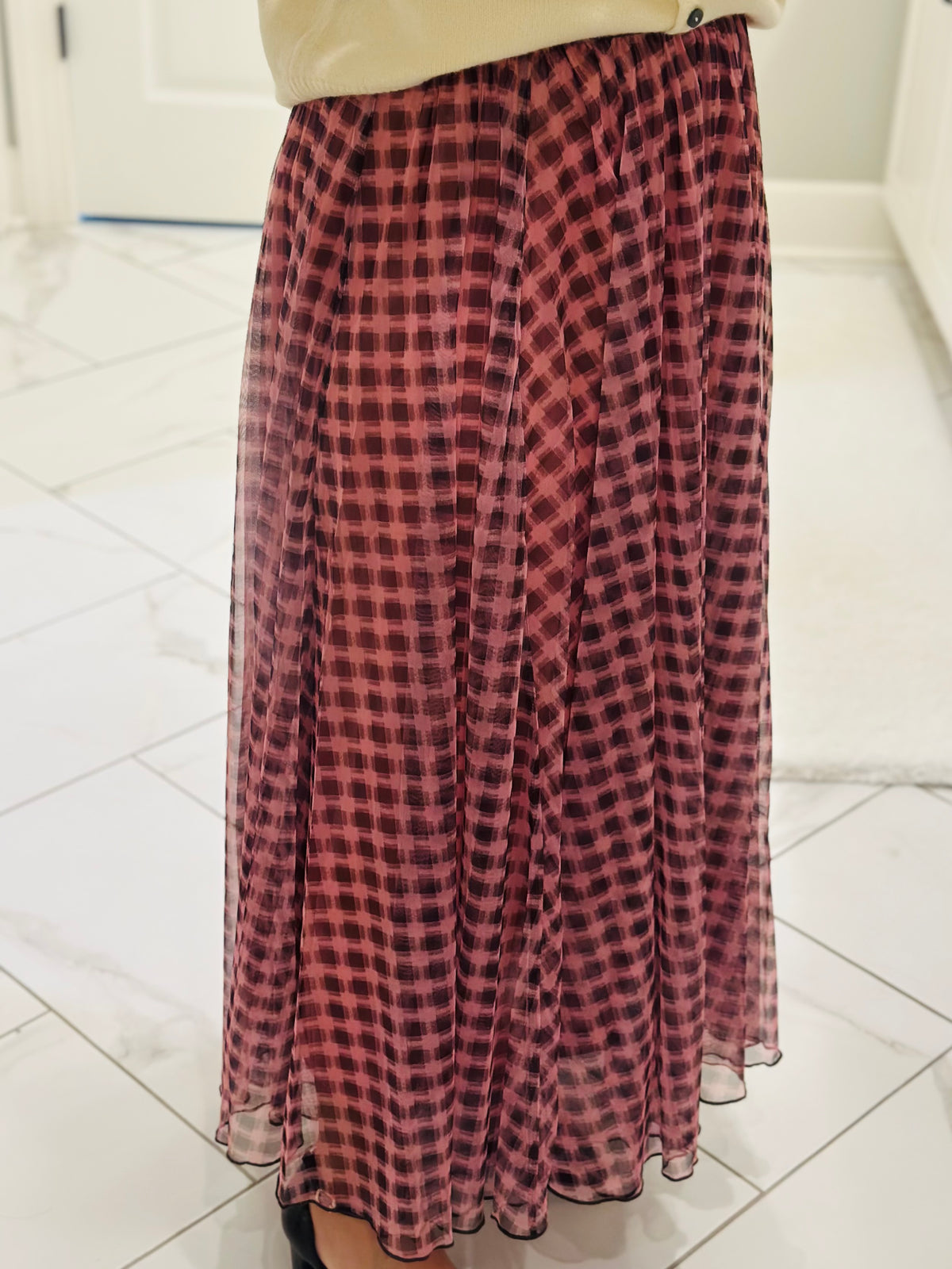 The Ada Pink + Brown Gingham Maxi Skirt