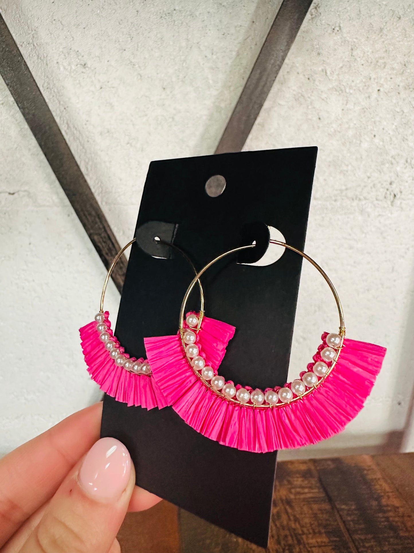 Pink Pearl Lined Raffia Drop Dangles