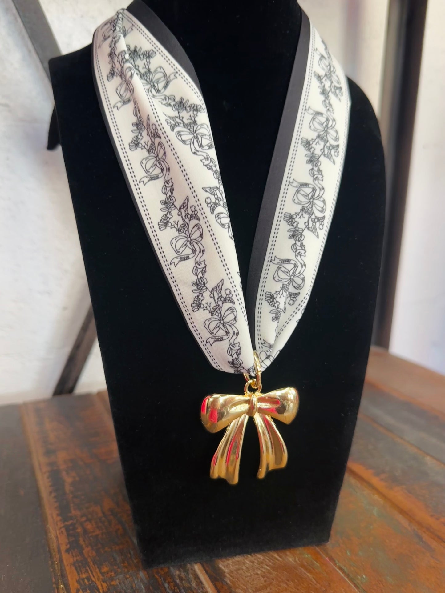 Black Bow Floral Silk Scarf + Gold Bow Pendant