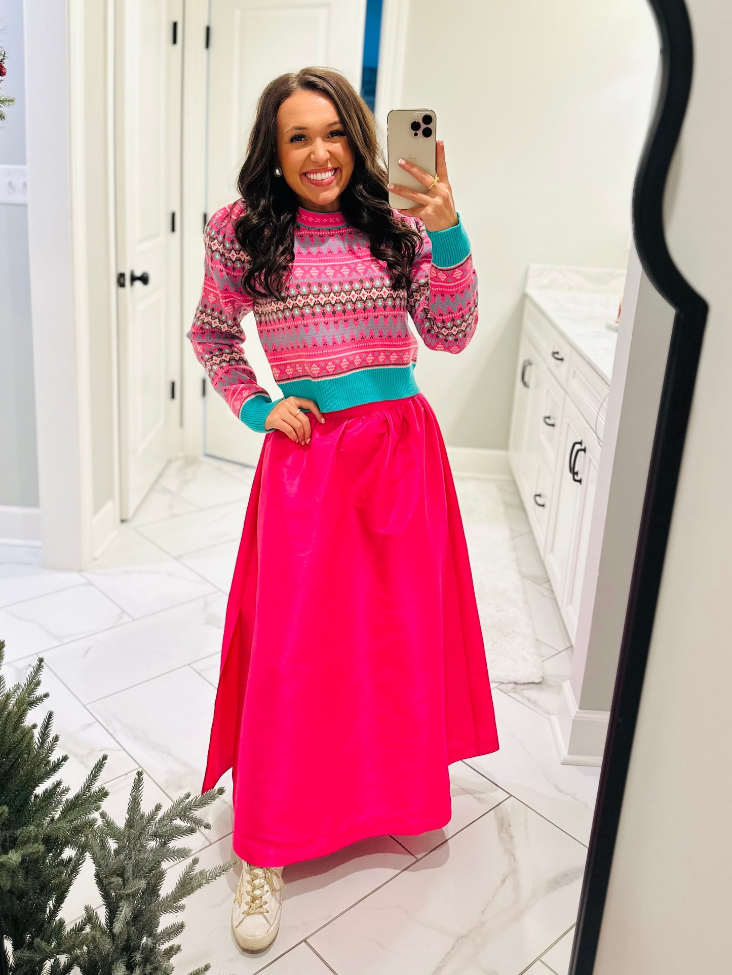 The Alya Hot Pink Fair Isle Print Cropped Sweater