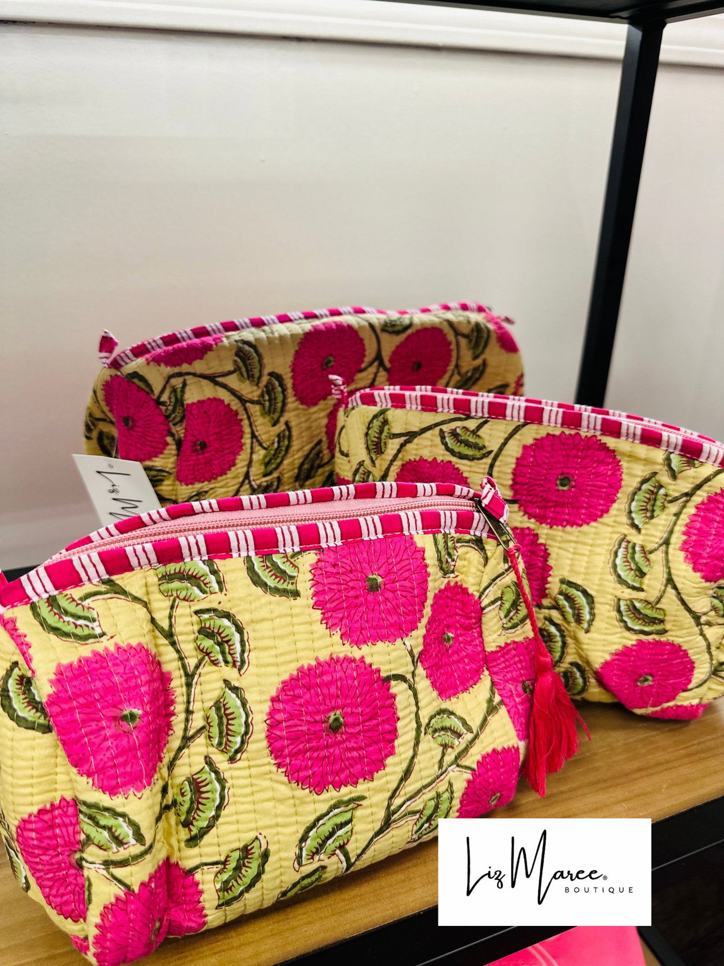 The Pink + Green Floral Quilted Cosmetic Bags - Set of 3