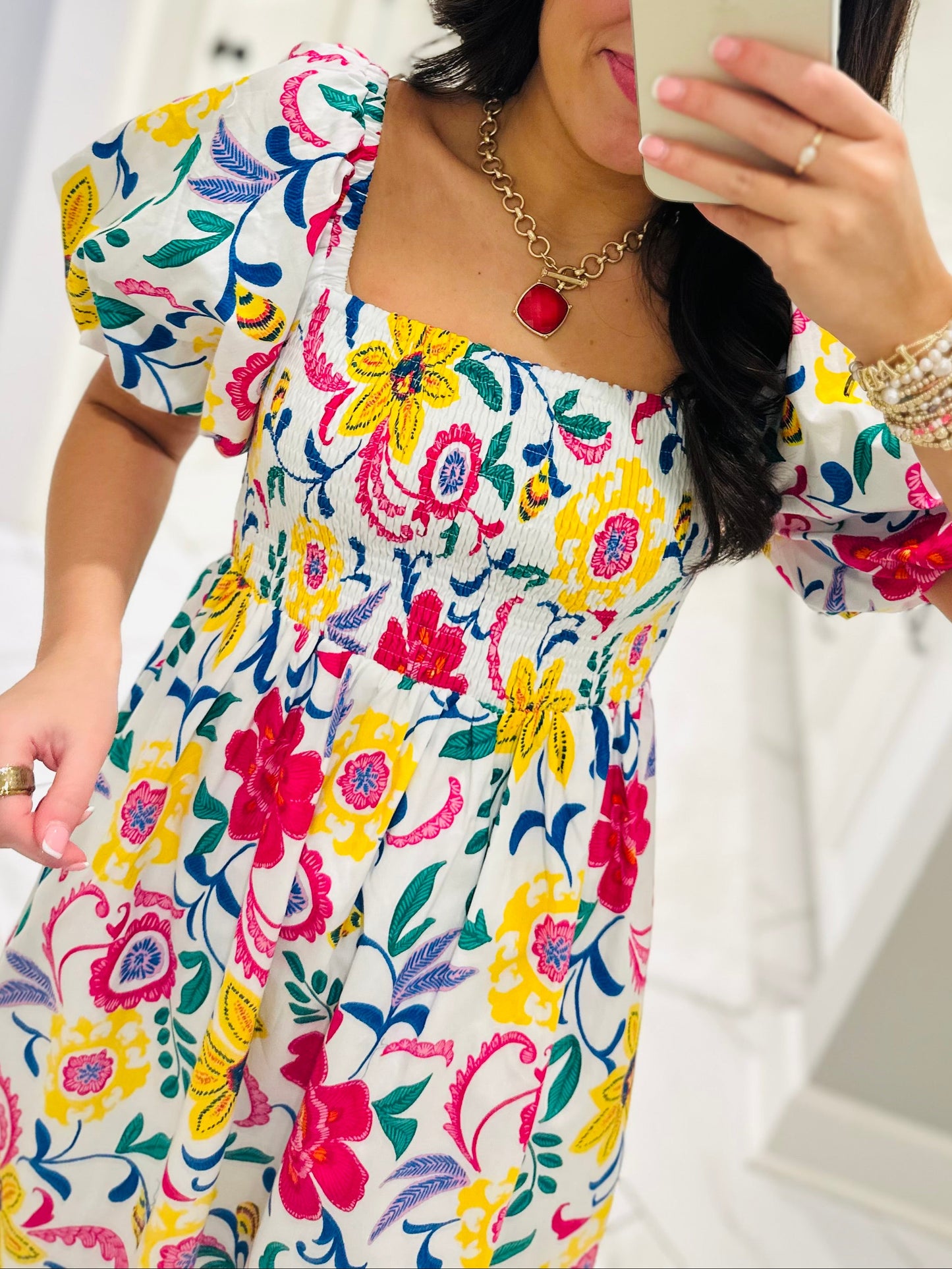 The Kes White Floral Smocked Midi Dress