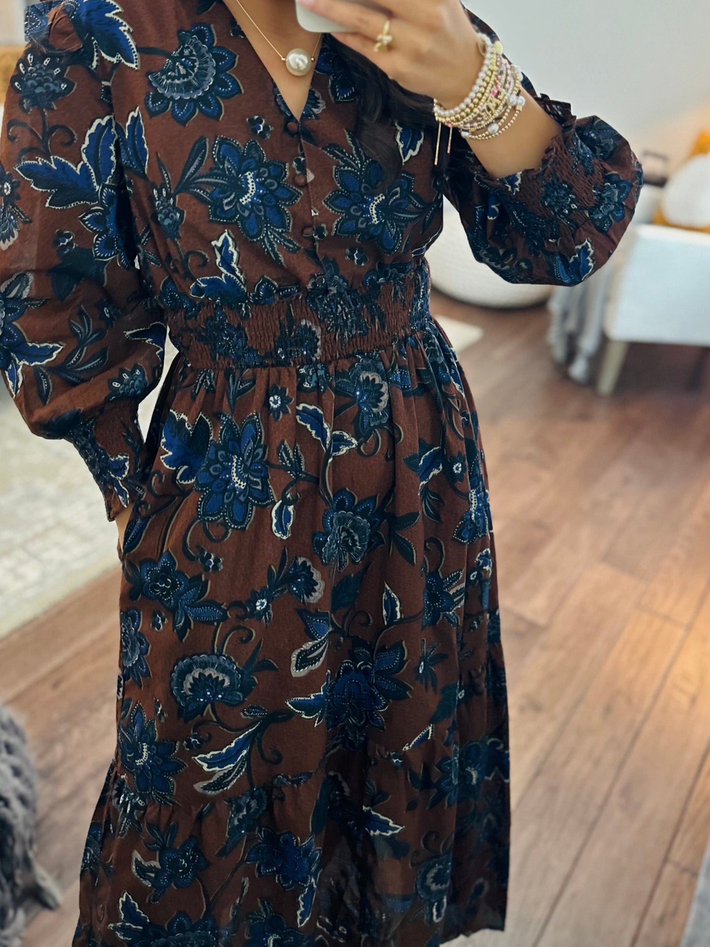 The Marlina Brown + Blue Floral Midi Dress