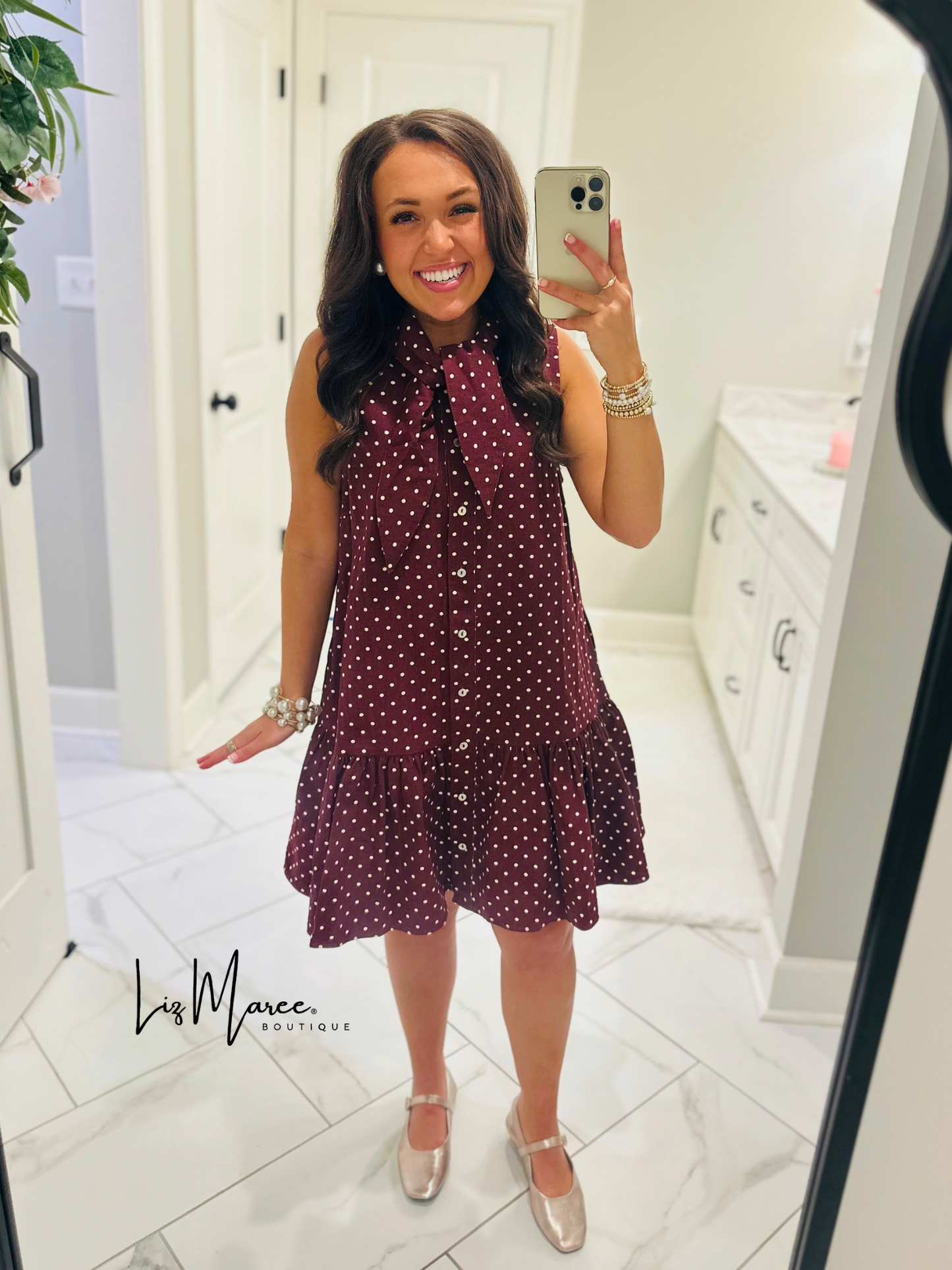 The Stella Burgundy Polka Dot Denim Dress