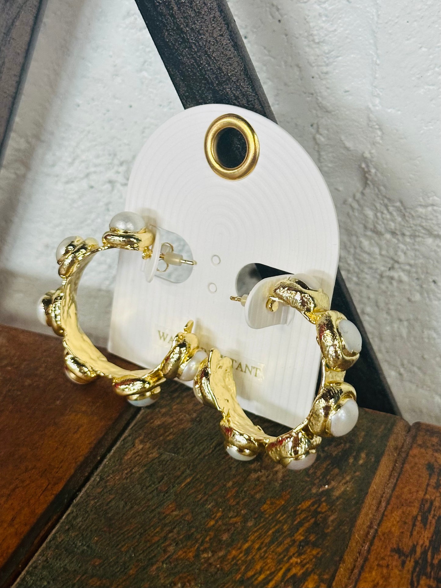 18K Gold Dipped Cream + Gold Pearl Station Hoops