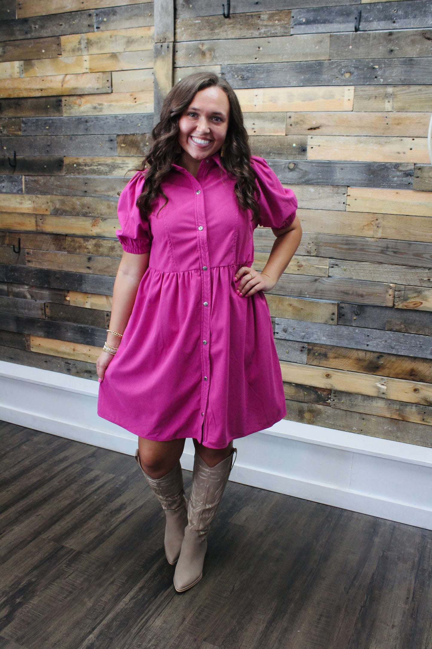 The Willow Magenta Corduroy Babydoll Dress