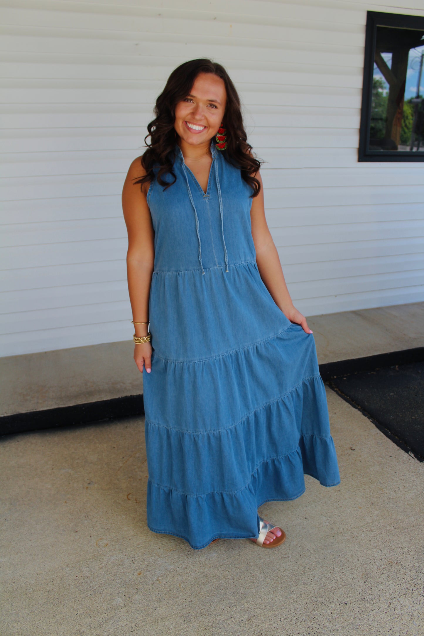 The Charity Light Wash Denim Maxi Dress