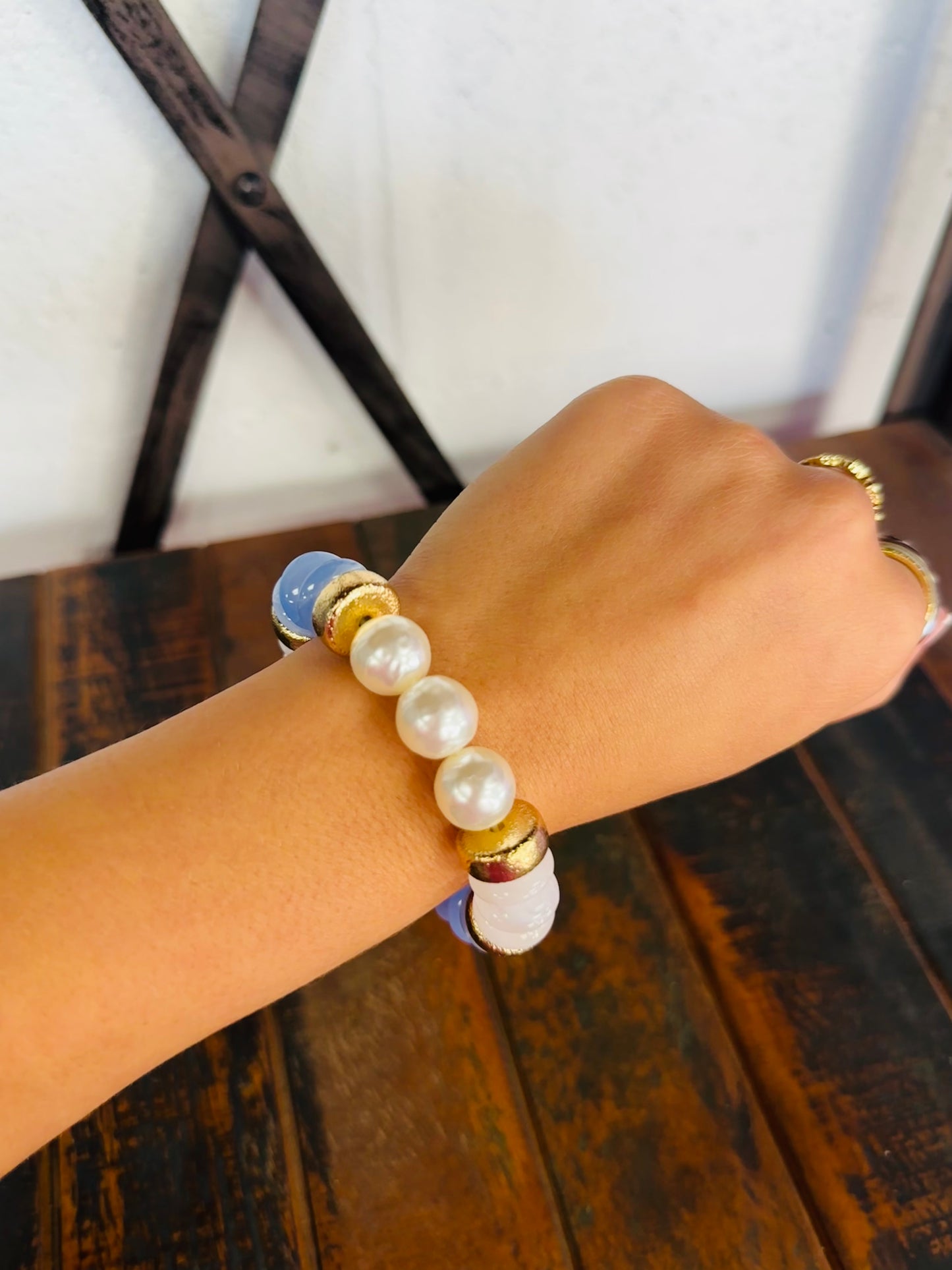Blue + Gold Pearl Bead Bracelet