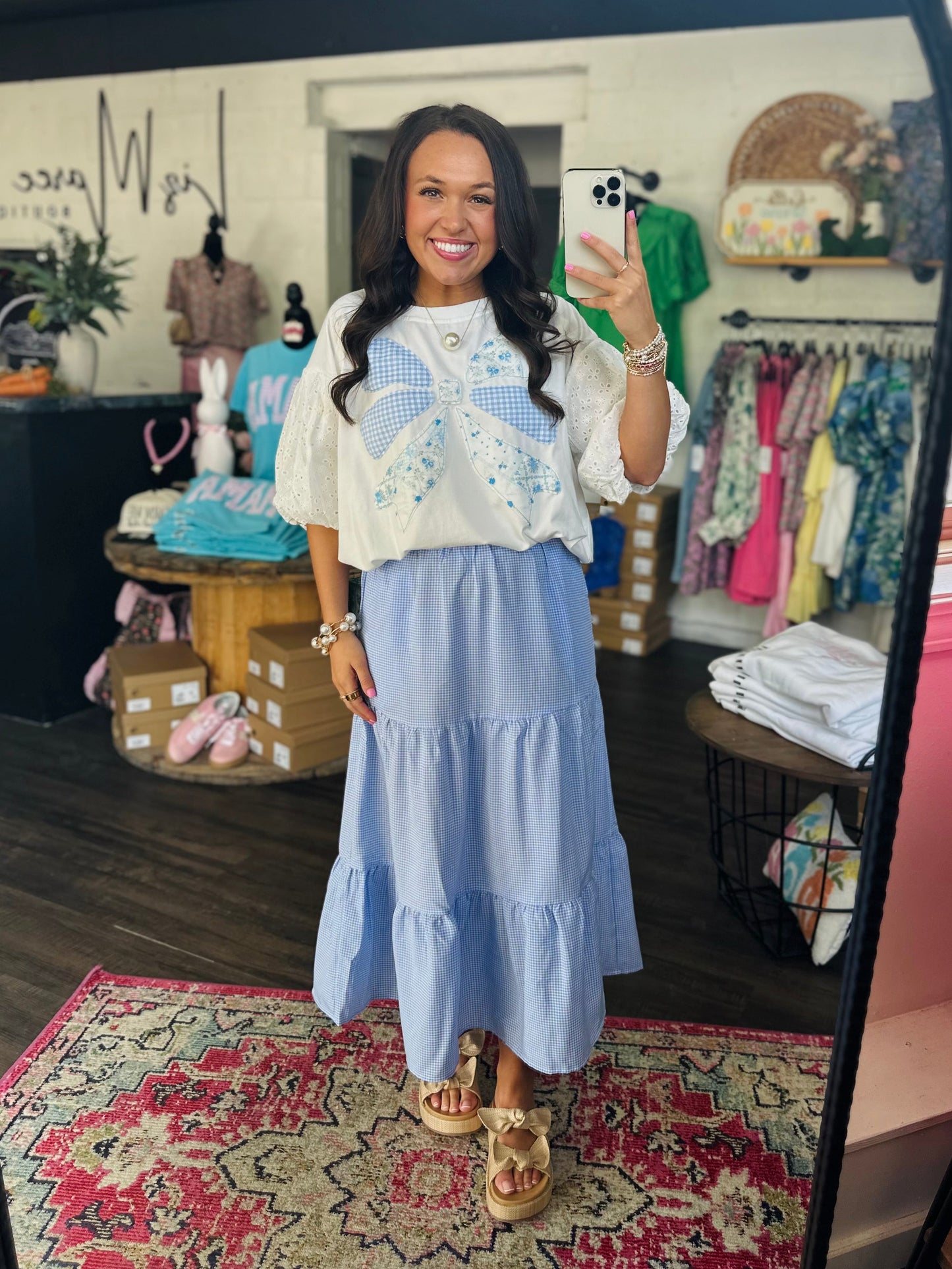 The Brylee Blue Bow Patchwork Top
