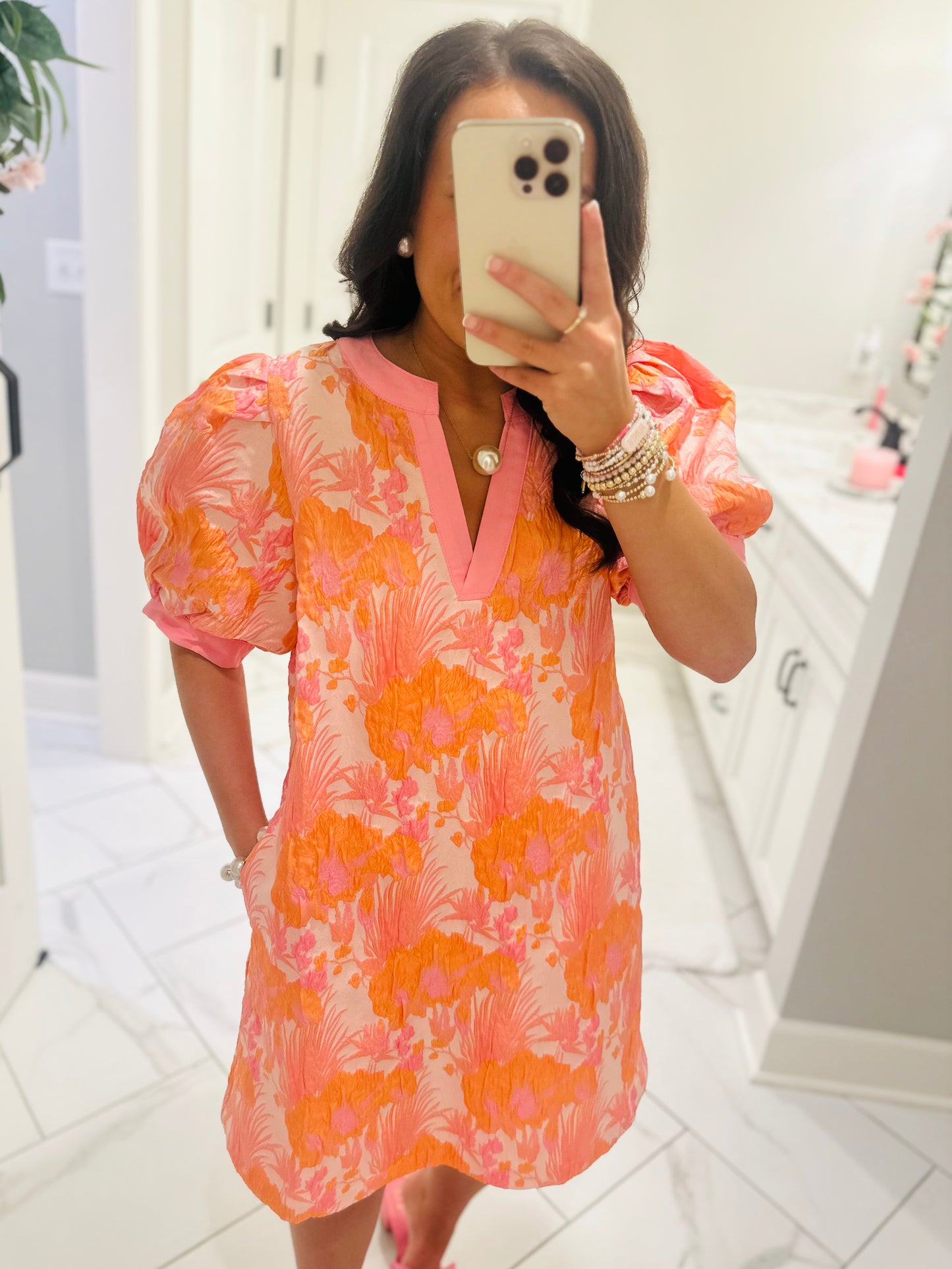 The Summer Peach Mix Floral Jacquard Dress