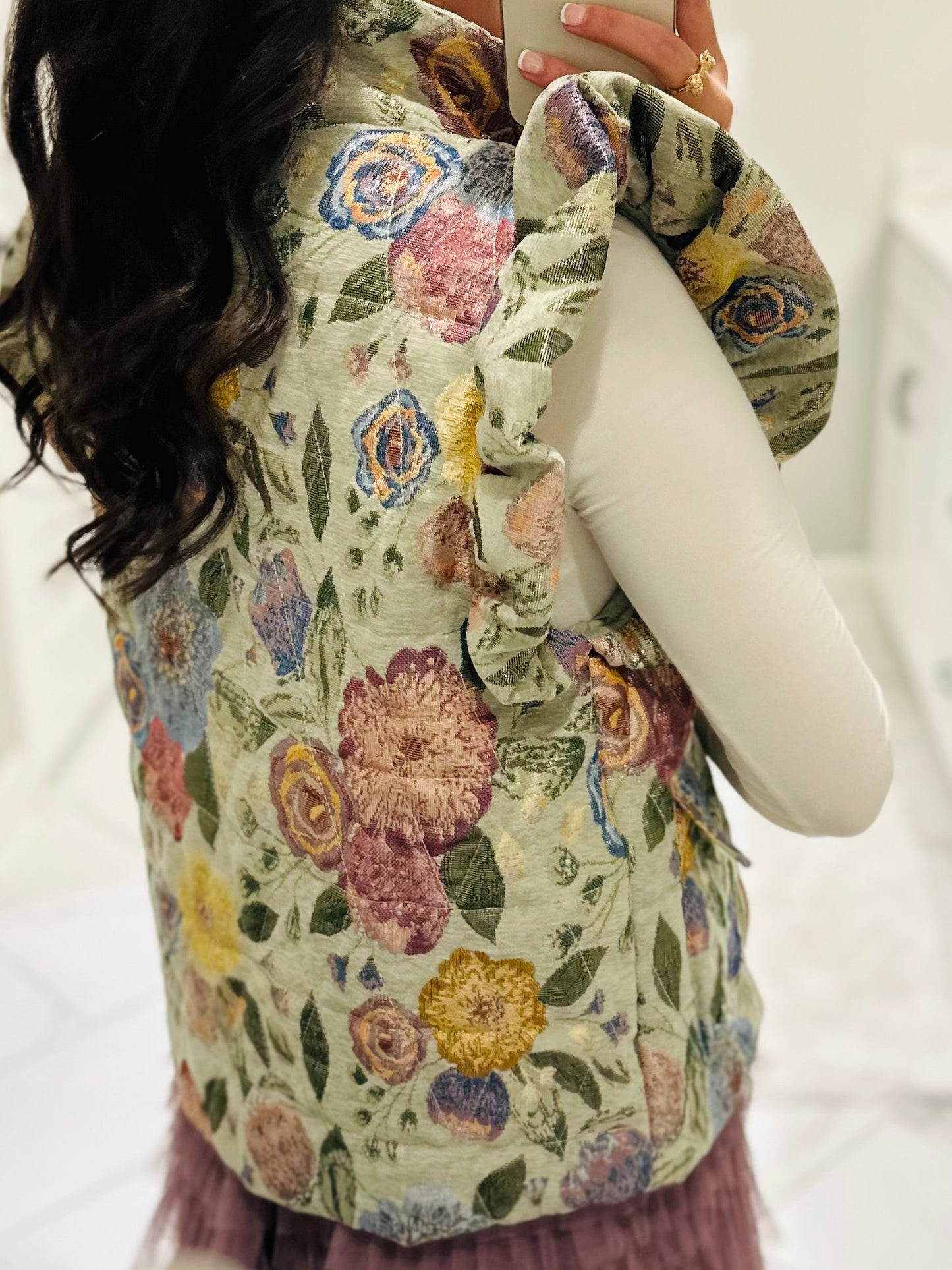 The Everlee Olive Green Floral Metallic Quilted Vest