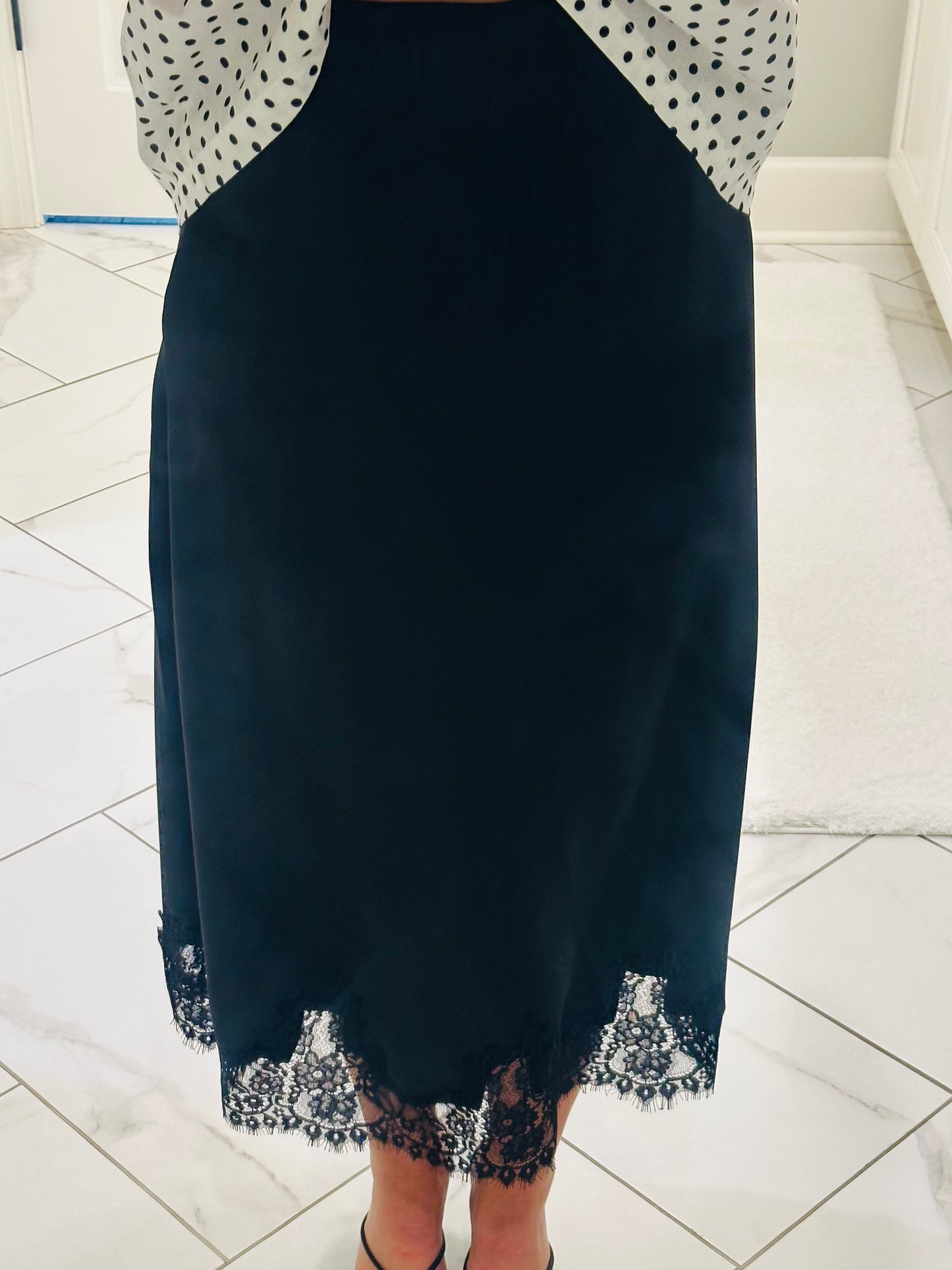 The Dallas Black Satin Lace Midi Skirt