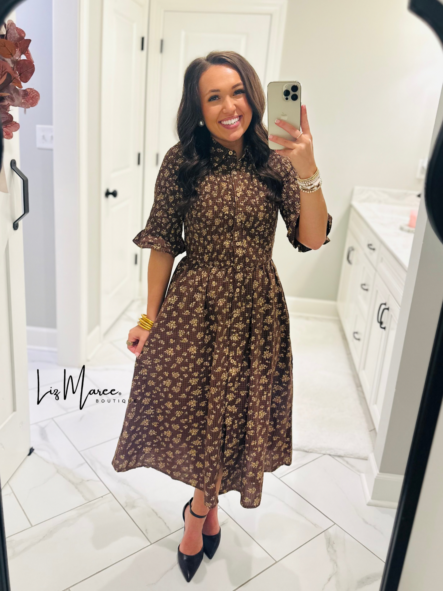 The Lara Mocha Brown Floral Midi Dress