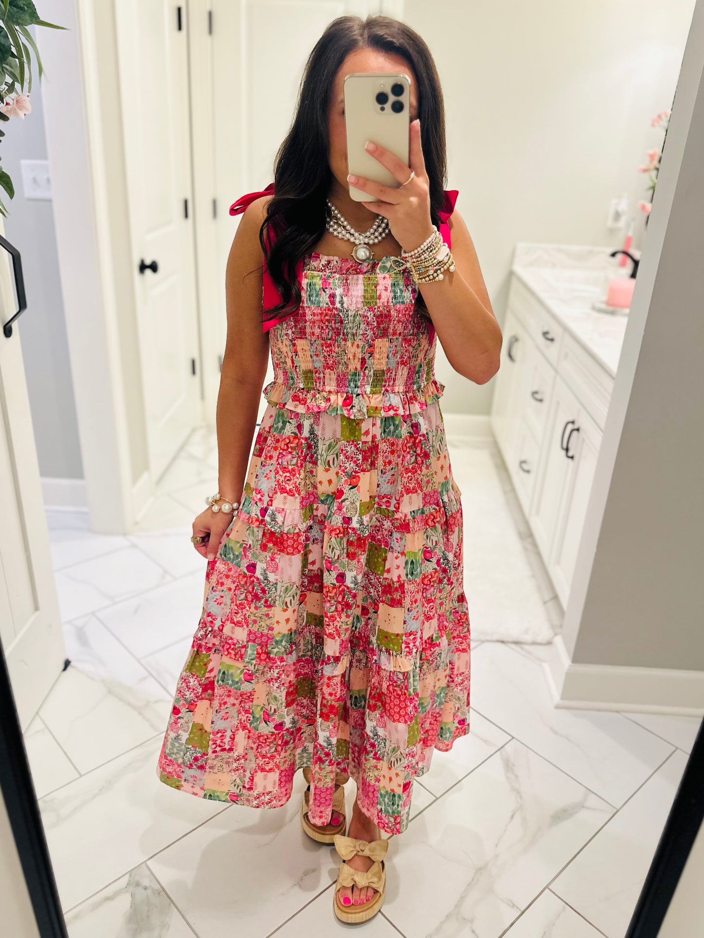 The Lillie Pink Multicolor Patchwork Midi Dress