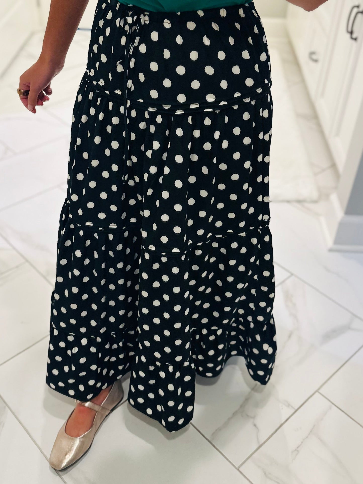 The Ryley Black Polka Dot Tiered Maxi Skirt