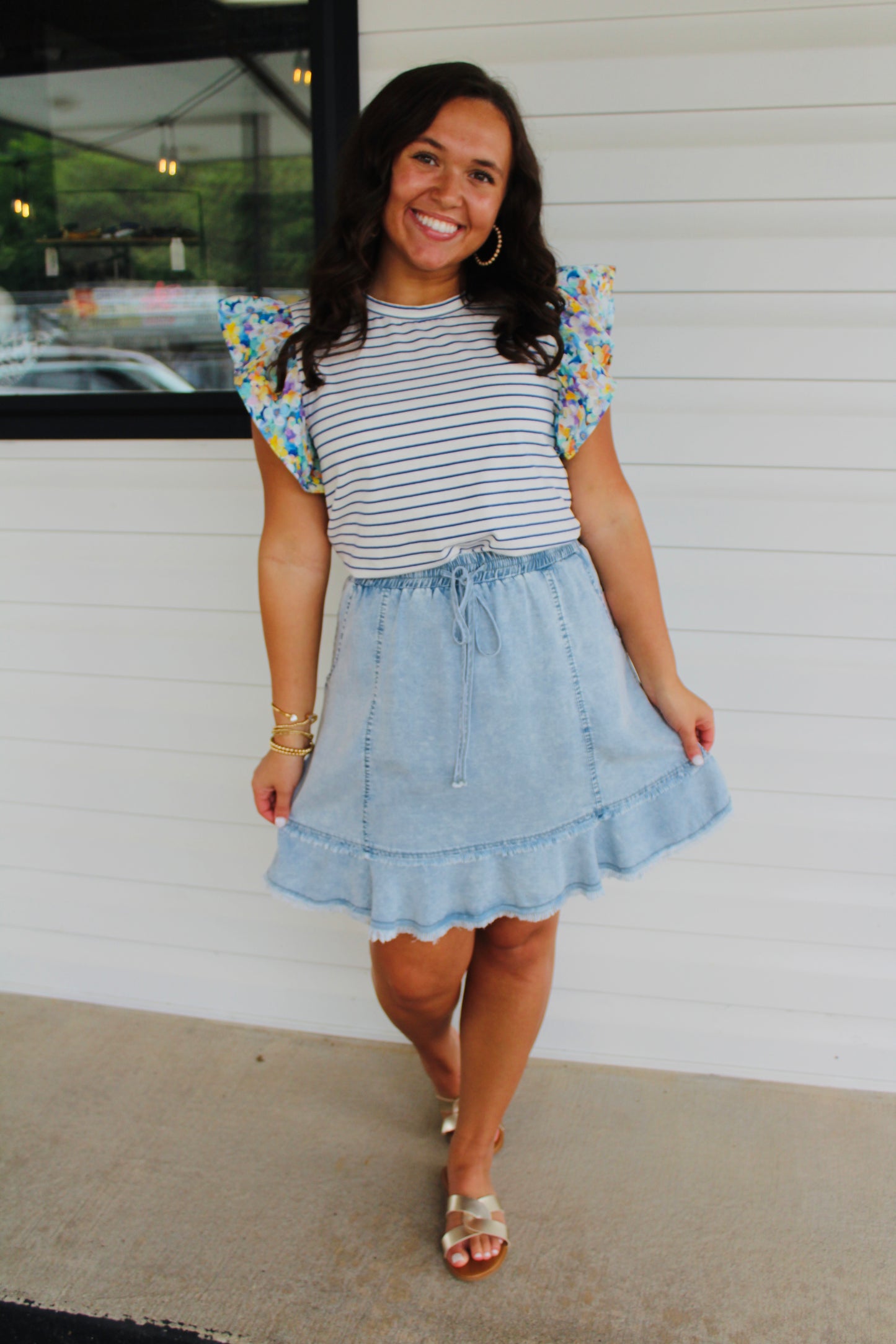 The Ella Ruffle Sleeve Stripe & Floral Top