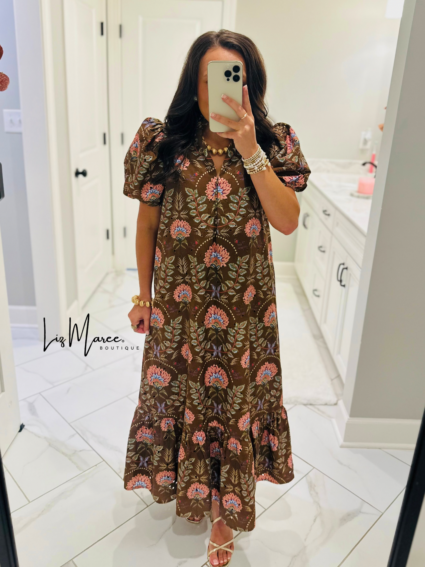 The Katherine Brown Floral Eyelet Midi Dress
