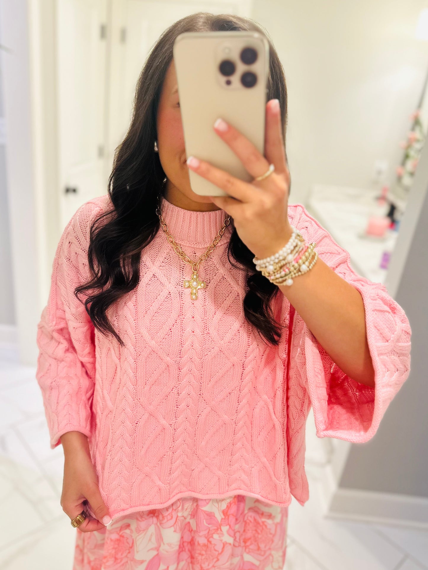 The Eliza Pink Chunky Ribbed Knit Cable Sweater