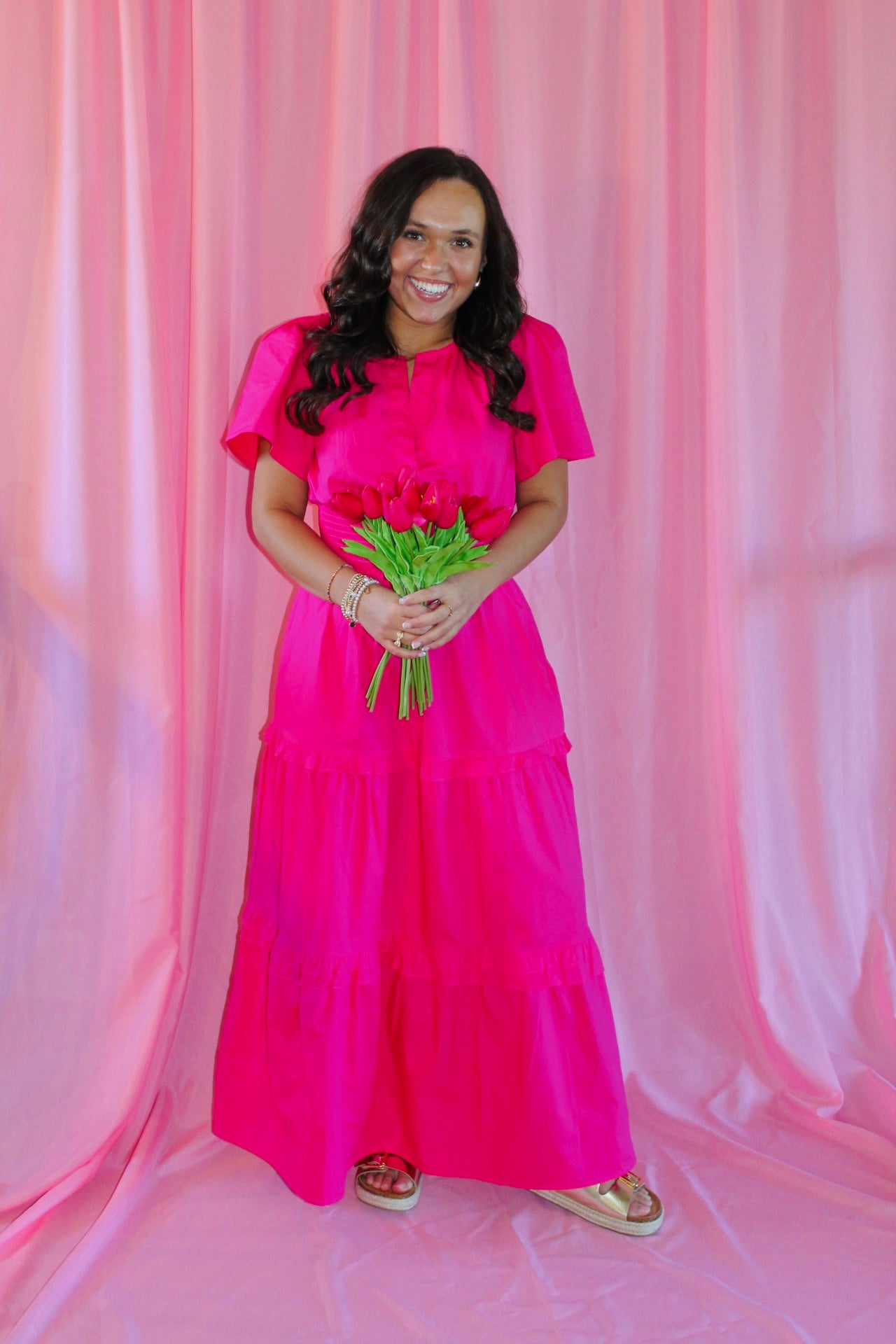 The Rose Hot Pink Palmer Poplin Tiered Maxi Dress