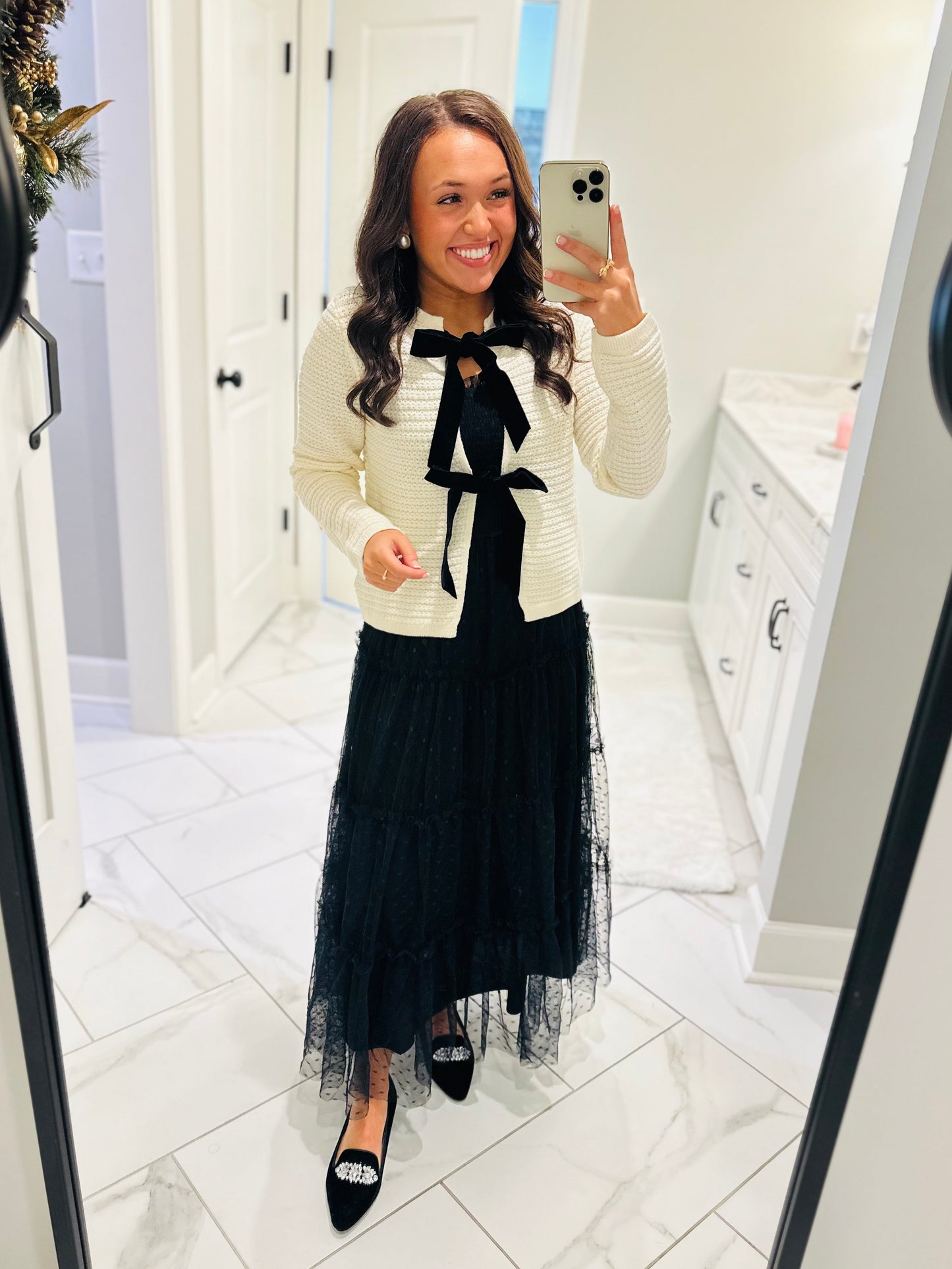 The Sofia Cream + Black Velvet Bow Cardigan