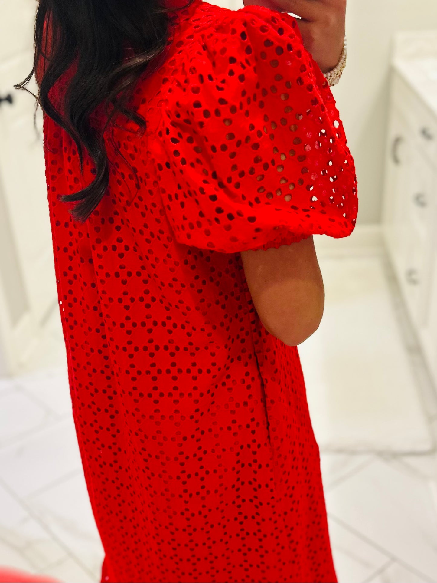 The Liz Red Eyelet Midi Dress
