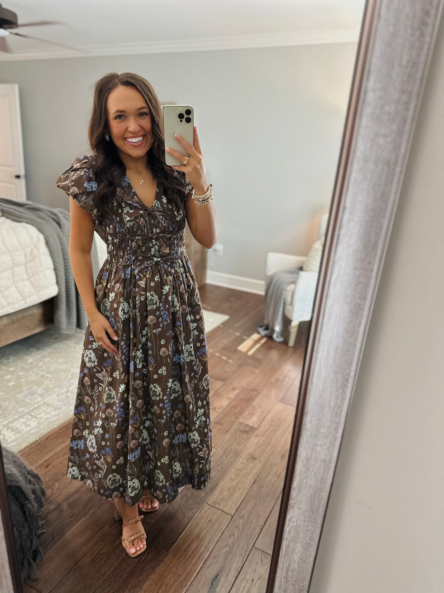 The Stella Brown Floral Bow Front Midi Dress