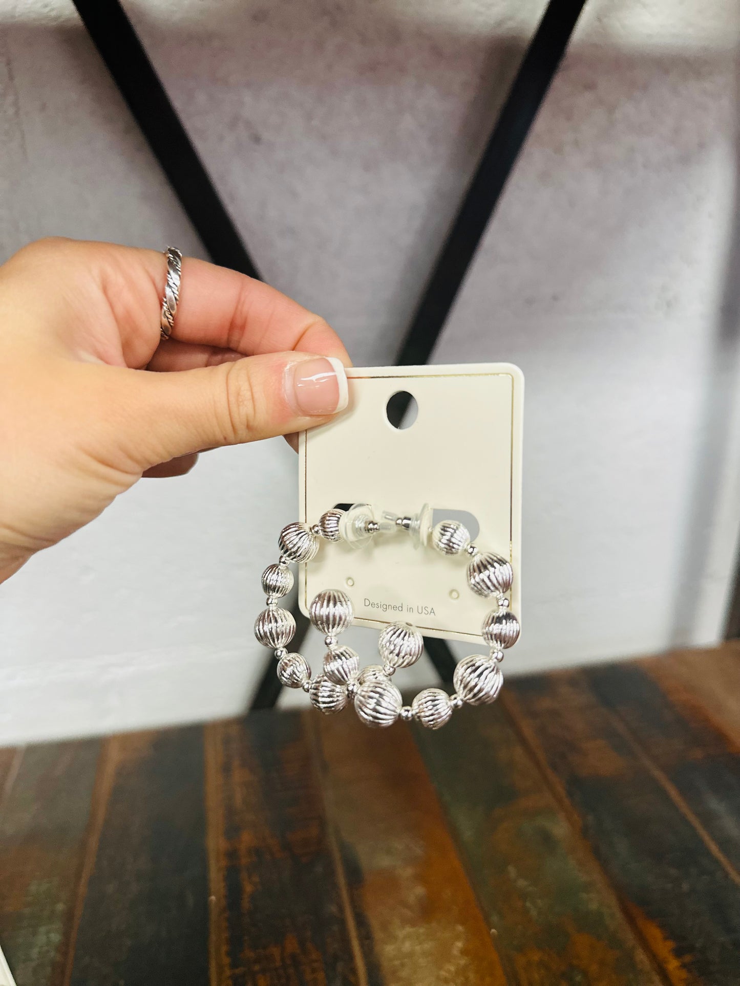 Silver Carved Ball Hoop Earring