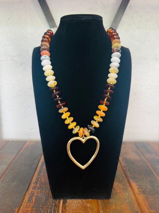 Beige Marble Bead Heart Pendant Necklace