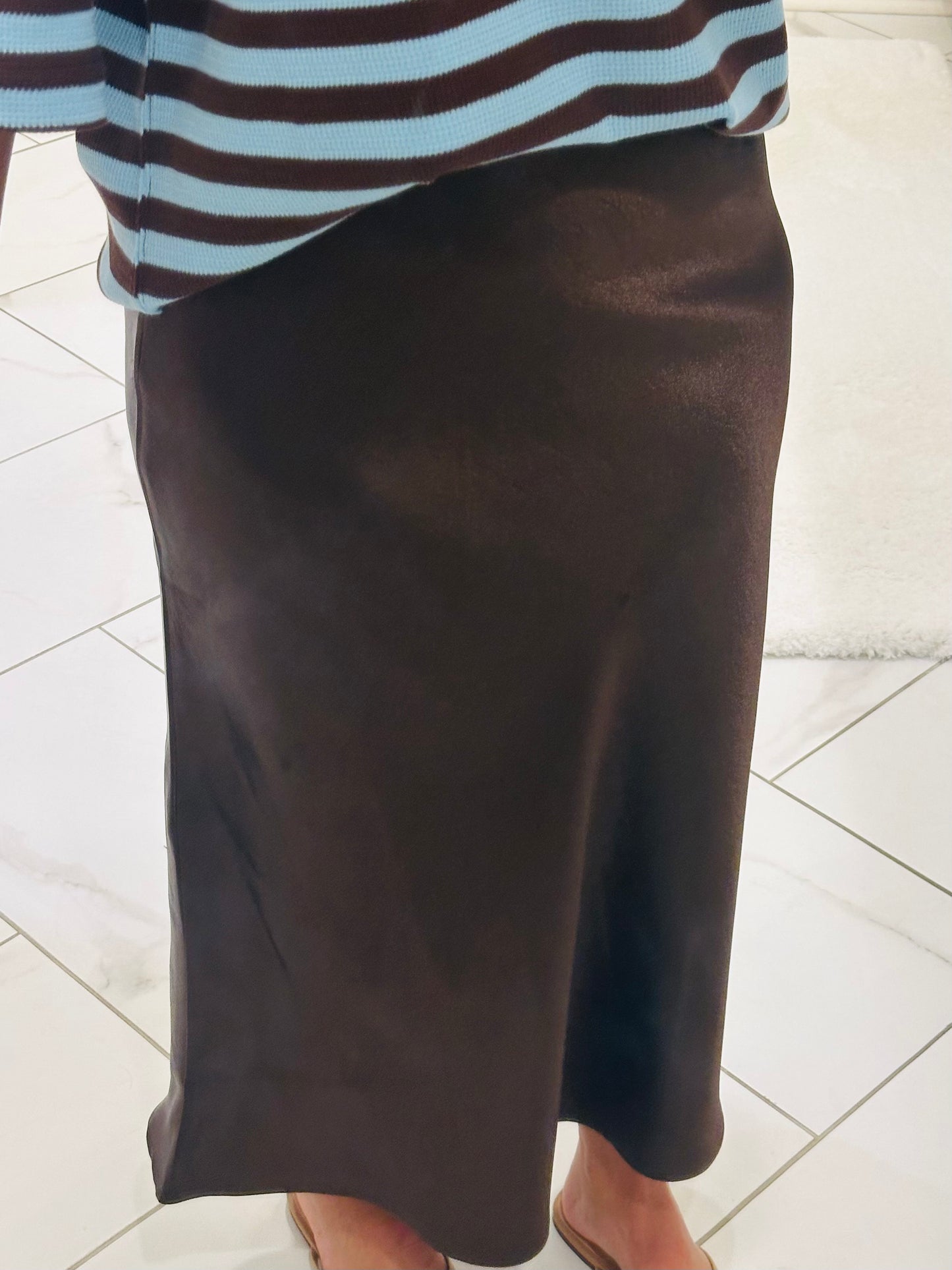 The Bri Dark Brown Satin Midi Skirt
