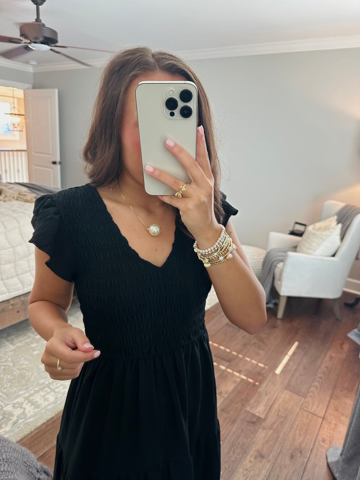 The Maple Black Flutter Sleeve Smocked Midi Dress