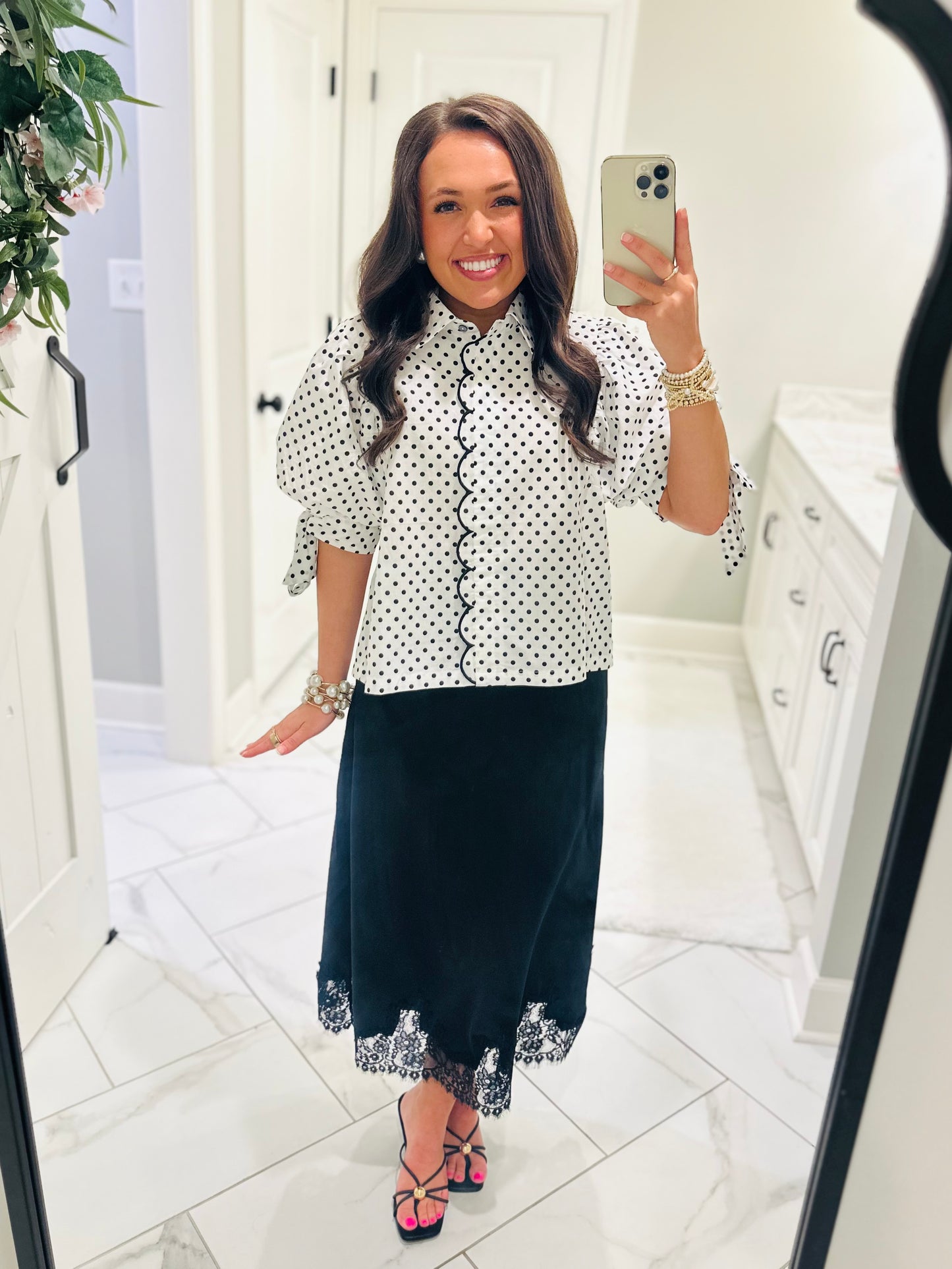 The Dallas Black Satin Lace Midi Skirt