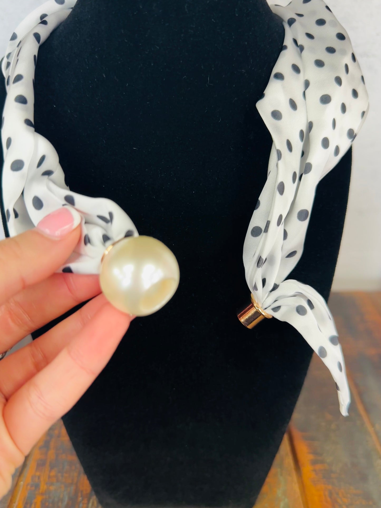 White + Black Polkadot Pearl Scarf Necklace